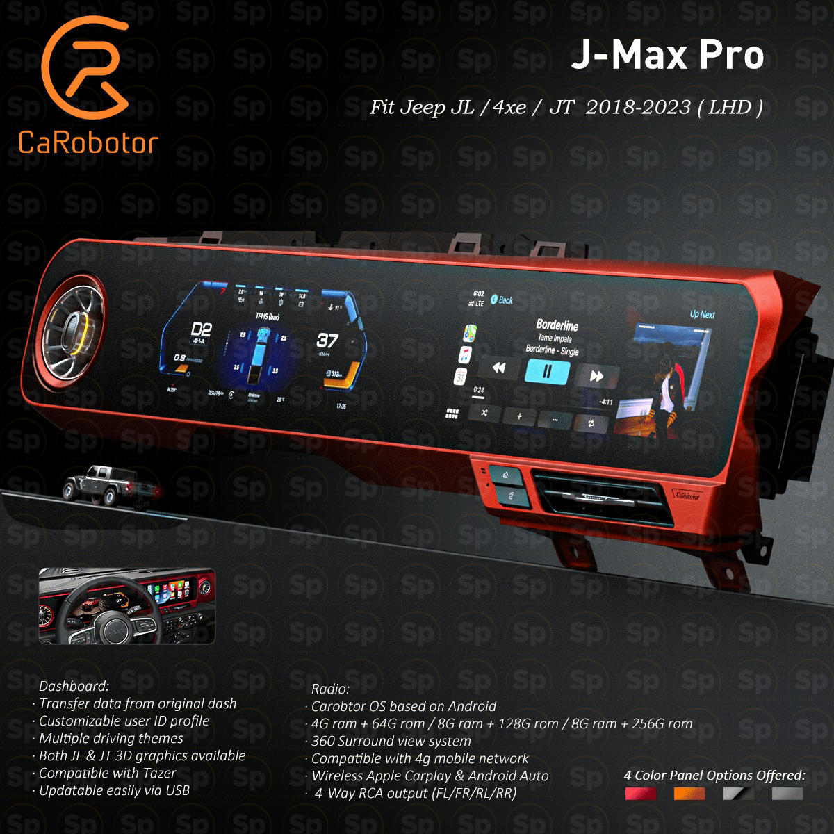 Pantalla Dashboard Digital Carobotor JEEP WRANGLER JL-JT 4XE LHD 2018-2023/ 2025 (NARANJA)