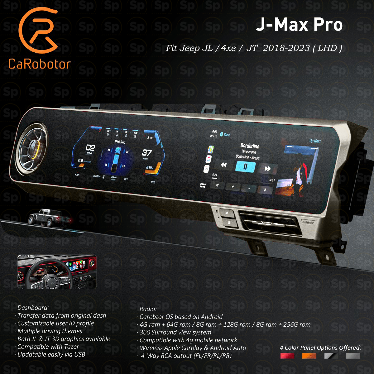 J-MAX PRO CAROBOTOR DIGITAL CLUSTER ALL-IN/ JEEP WRANGLER JL-JT 4XE LHD 2018-2023/ 2025 UPDATE VERSION (GRIS)