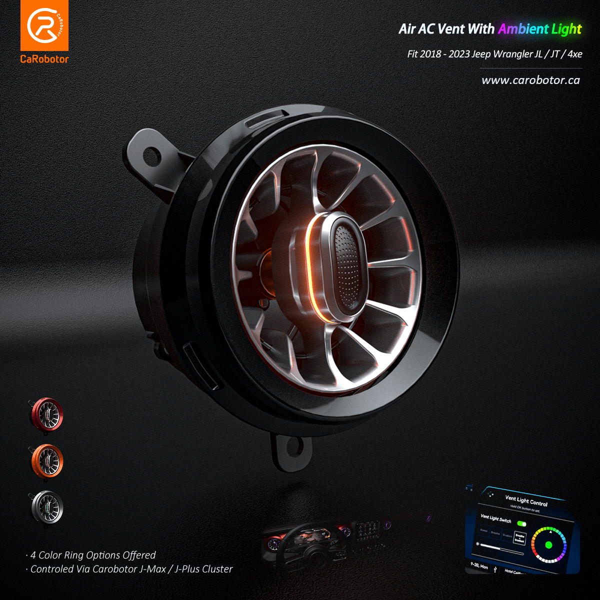 Ventilación de aire acondicionado Versión naranja Turbo Carobotor con luces ambientales para Jeep Wrangler JL/JT/4xe 2018-2023