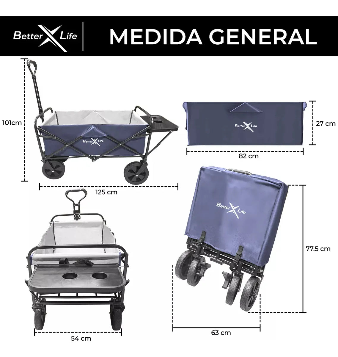 Carrito Vagon Plegable Multiusos Con Mesa Y Frenos Black