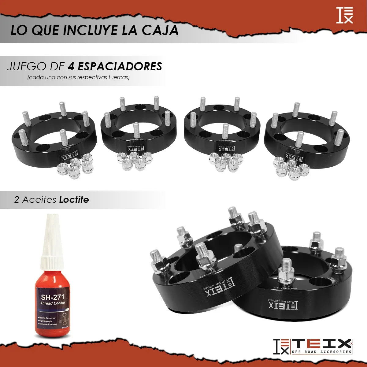 Kit Espaciadores Suzuki Jimny 2019-2023/ Suzuki Grand vitara y Escudo 98-2005/ Suzuki sidekick 89-98/ Suzuki Samurai 84-97/ Chevrolet Geo Tracker 89-98/ Chevrolet Tracker 99-2004/ 1.5 PuLG 5/139 Llanta Cb110