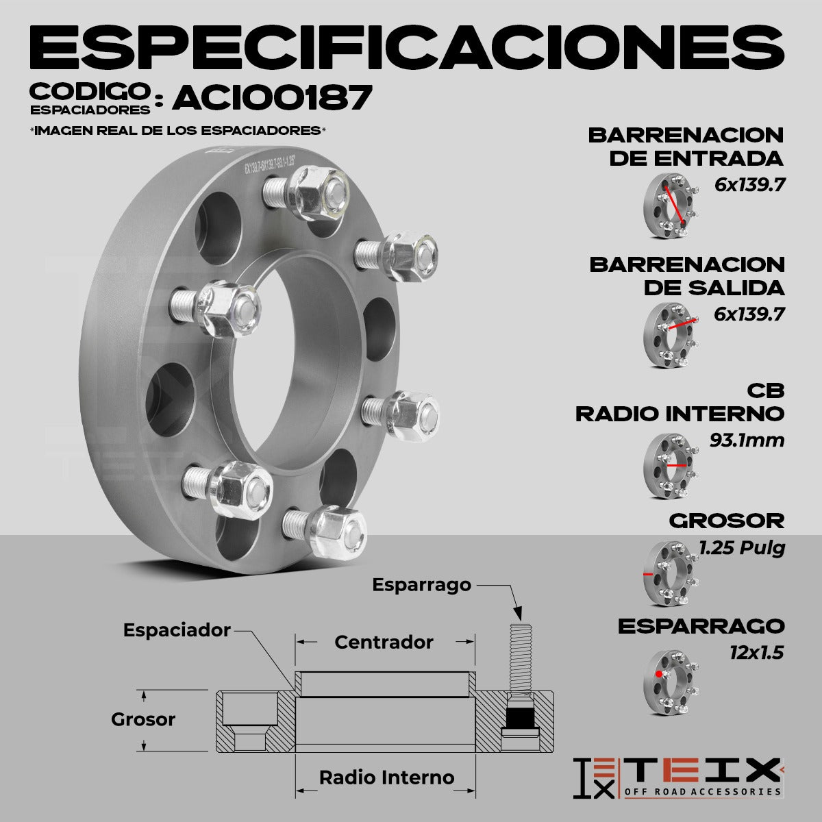 Espaciador Teix Gris 6x139.7 93.1 Vw Amarok Ii 2025-2026++