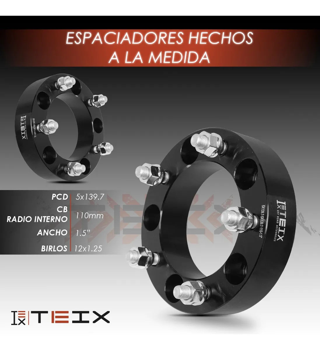 Kit Espaciadores Suzuki Jimny 2019-2023/ Suzuki Grand vitara y Escudo 98-2005/ Suzuki sidekick 89-98/ Suzuki Samurai 84-97/ Chevrolet Geo Tracker 89-98/ Chevrolet Tracker 99-2004/ 1.5 PuLG 5/139 Llanta Cb110