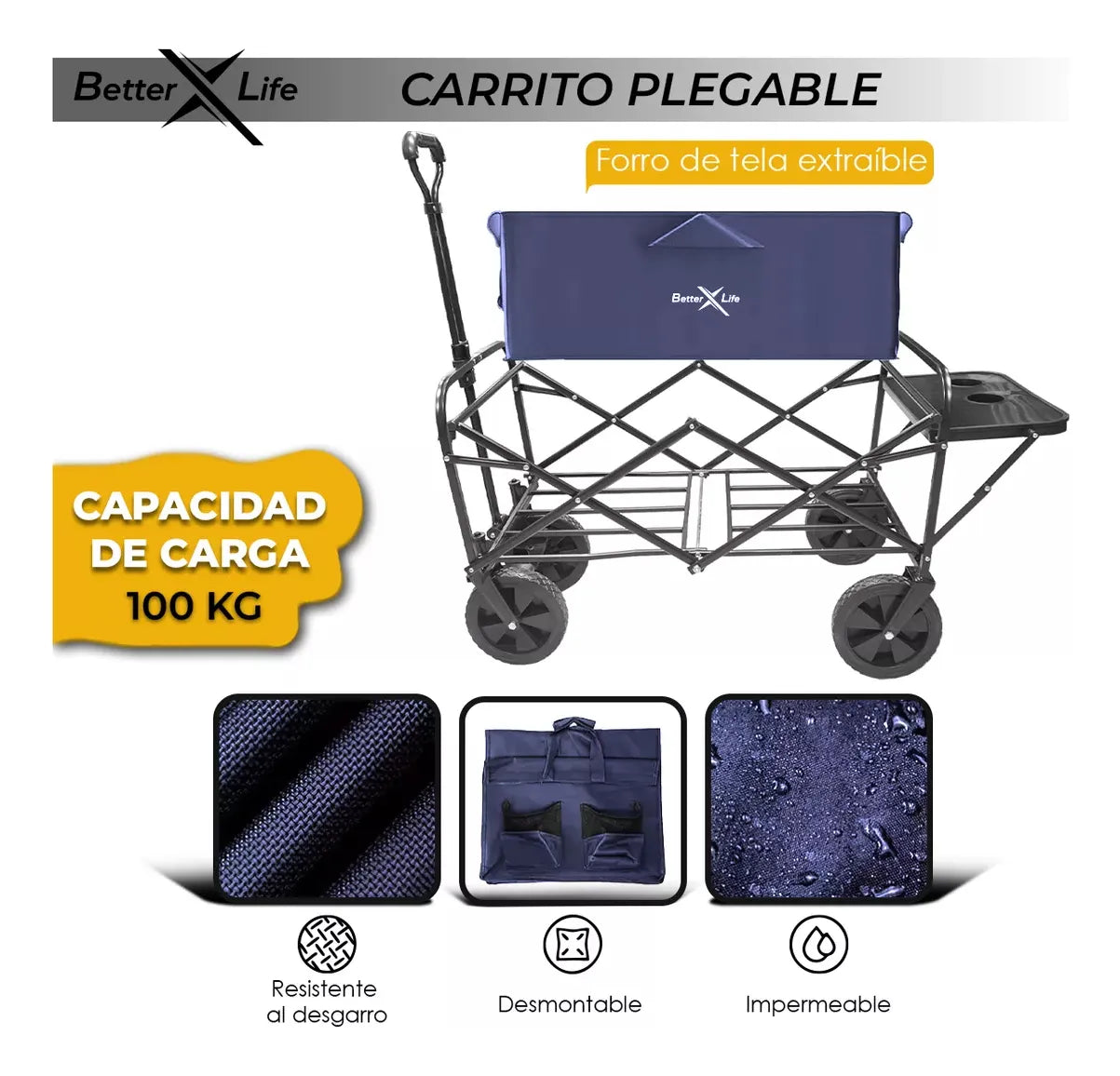 Carrito Vagon Plegable Multiusos Con Mesa Y Frenos Black