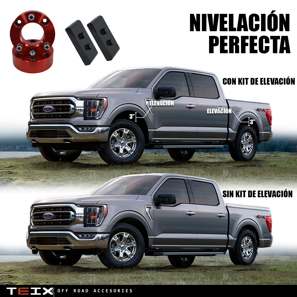 KIT DE ELEVACION TEIX PARA F-150 2004-2019 3 PULG DEALNTERO + 1 PULG TRASERO 4WD