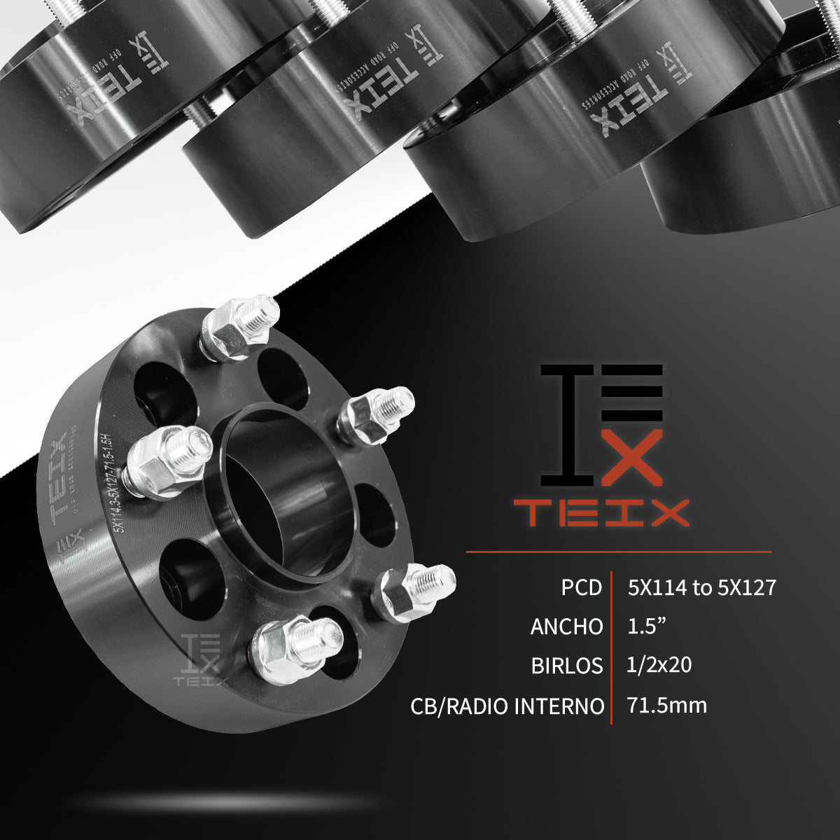 KIT ESPACIADORES 1.5 DE 5X114.3 A 5X127 LLANTA CB71.5 PARA FORD RANGER 84-2011/ FORD EXPLORER SPORT TRACK 2001-2010/ FORD EXPLORER 90-2010/ JEEP CHEROKEE XJ 84-2001/ JEEP WANGLER TJ 97-2006/ JEEP WANGLER YJ 87-95/ DODGE NITRO 2007-2012
