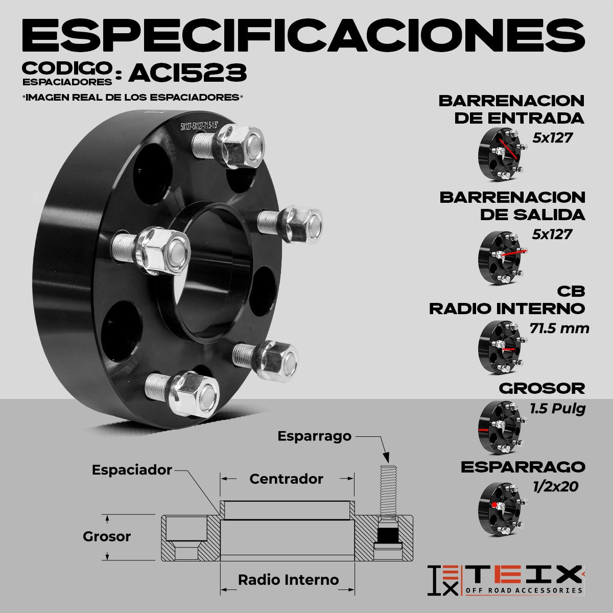 KIT ESPACIADORES 1.5" 5/127 5X5 LLANTA CB 71.5MM 1/2X20