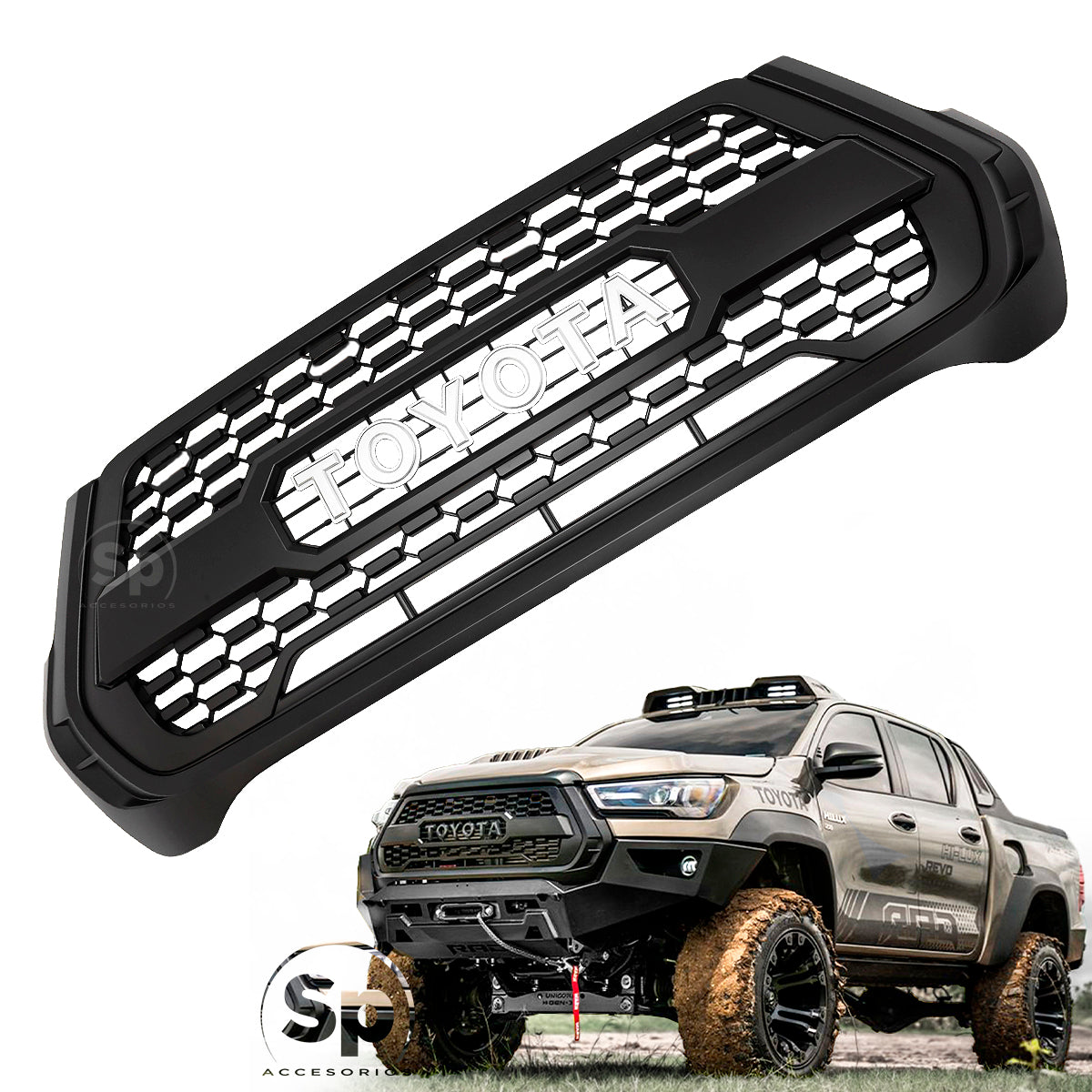 PARRILLA TRD LETRAS PARA TOYOTA HILUX REVO NUEVA LINEA 2021 A 2023