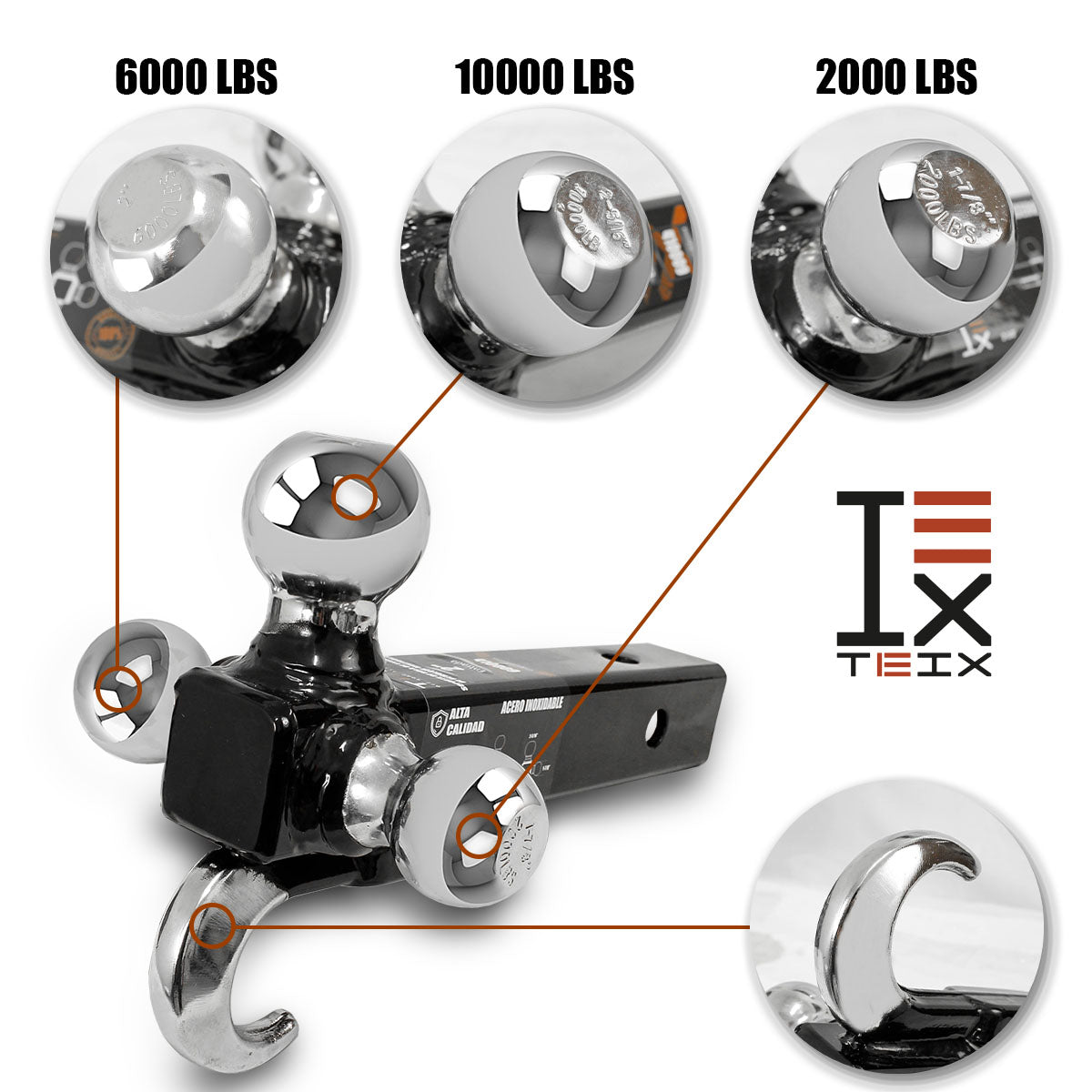 KIT DE ARRASTRE TEIX LENGÜETA CON 3 BOLAS 1-7/8", 2" 2-5/16" DE REMOLQUE Y GANCHO