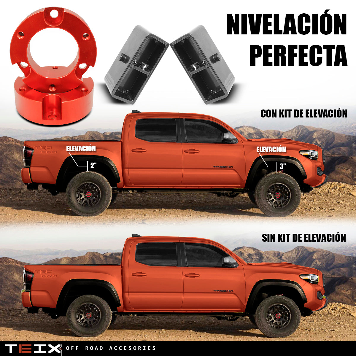 KIT DE NIVELACIÓN ELEVACIÓN DE 3 PULGADAS TEIX OFF ROAD PARA TOYOTA TACOMA Y TOYOTA HILUX 2005 - 2023