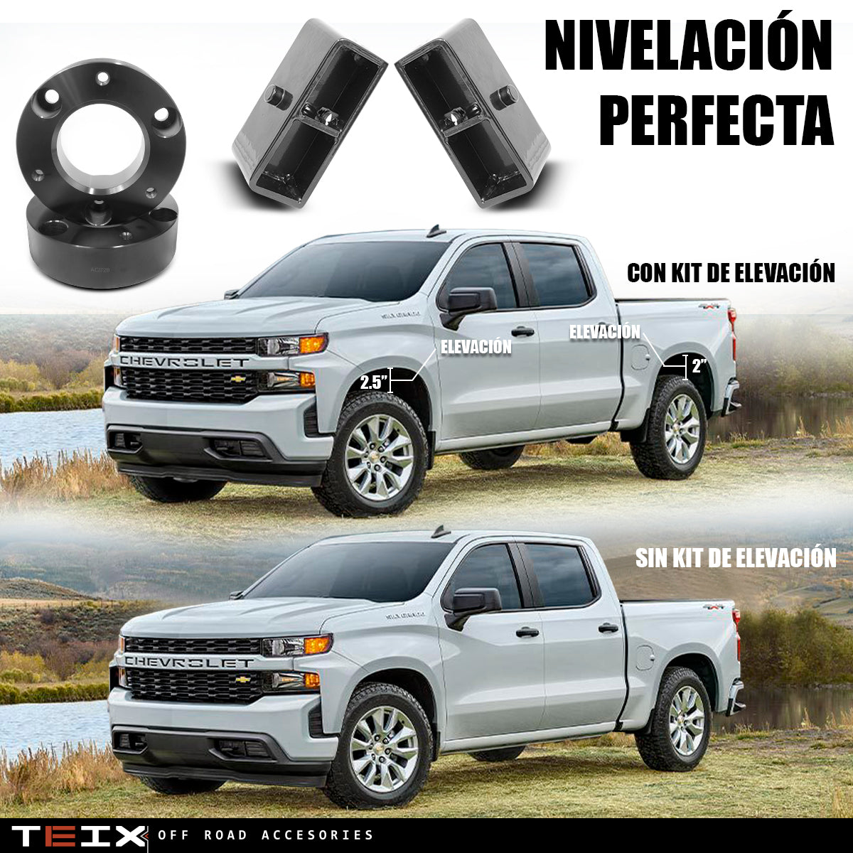KIT ELEVACIÓN SUSPENSIÓN 2.5PULG CHEVROLET SILVERADO/CHEYENNE, GMC SIERRA 1500 2007 AL 2022