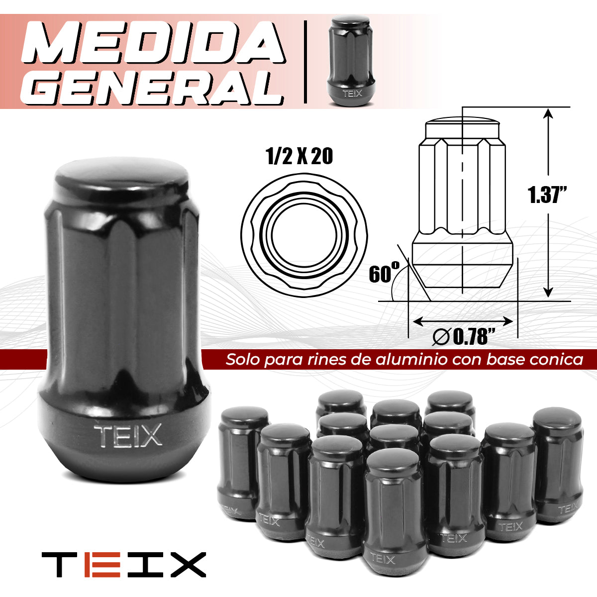 TUERCA LARGA RIN NEGRA BIRLOS SEGURIDAD TEIX 1/2 X 20 24PZ