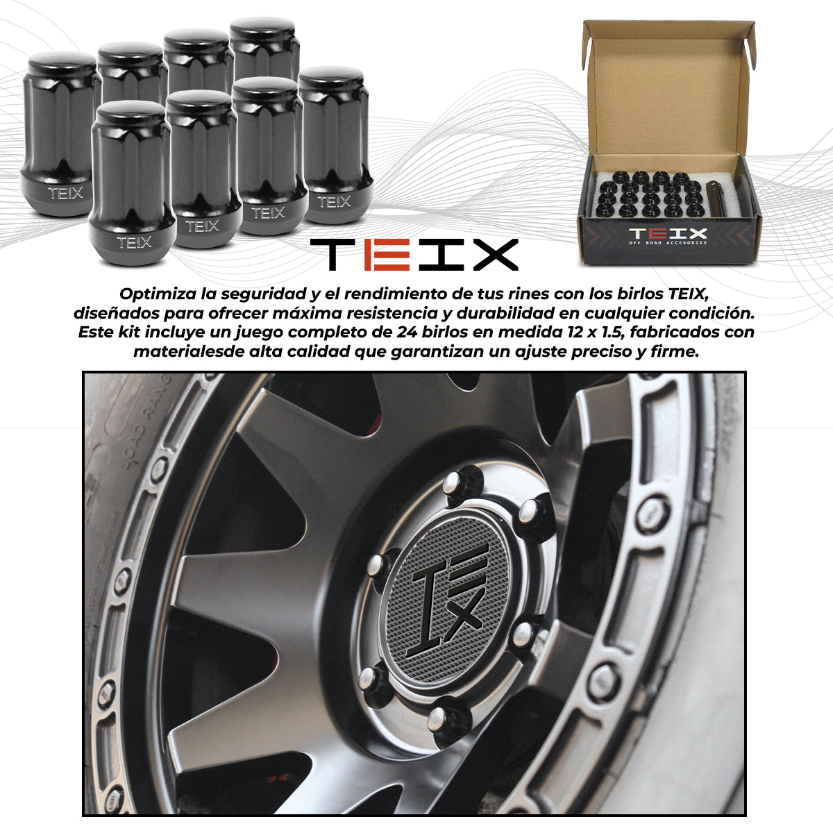 TUERCAS BIRLOS 12X1.5 24PZ SEGURIDAD TEIX OFF ROAD NEGROS