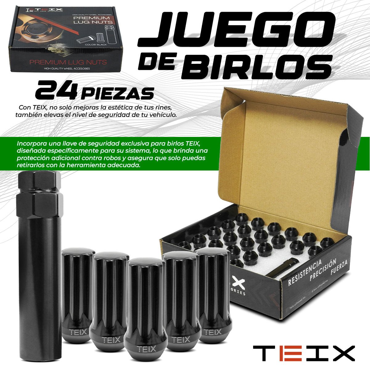 TUERCAS BIRLOS 14X1.5 24PZ SEGURIDAD TEIX OFF ROAD NEGROS