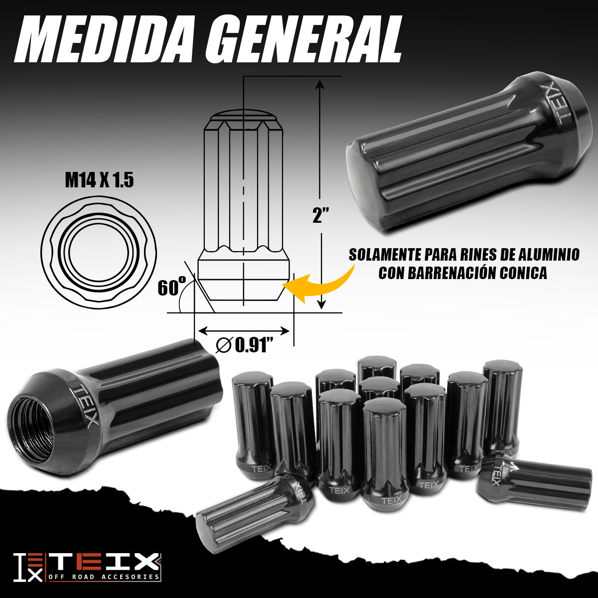 TUERCAS BIRLOS 14X1.5 24PZ SEGURIDAD TEIX OFF ROAD NEGROS