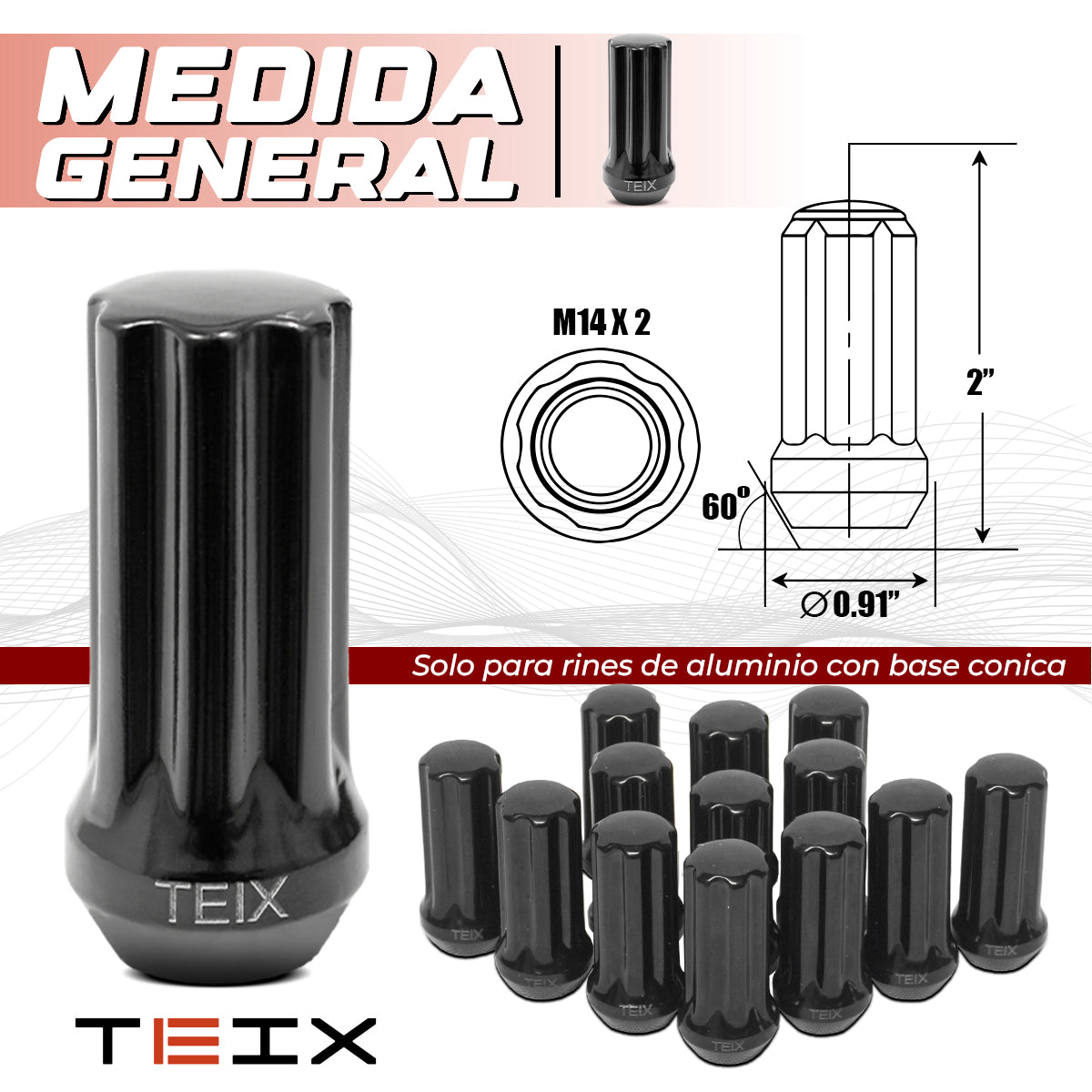 TUERCA LARGA RIN NEGRA BIRLOS SEGURIDAD TEIX M 14X2 24PZ