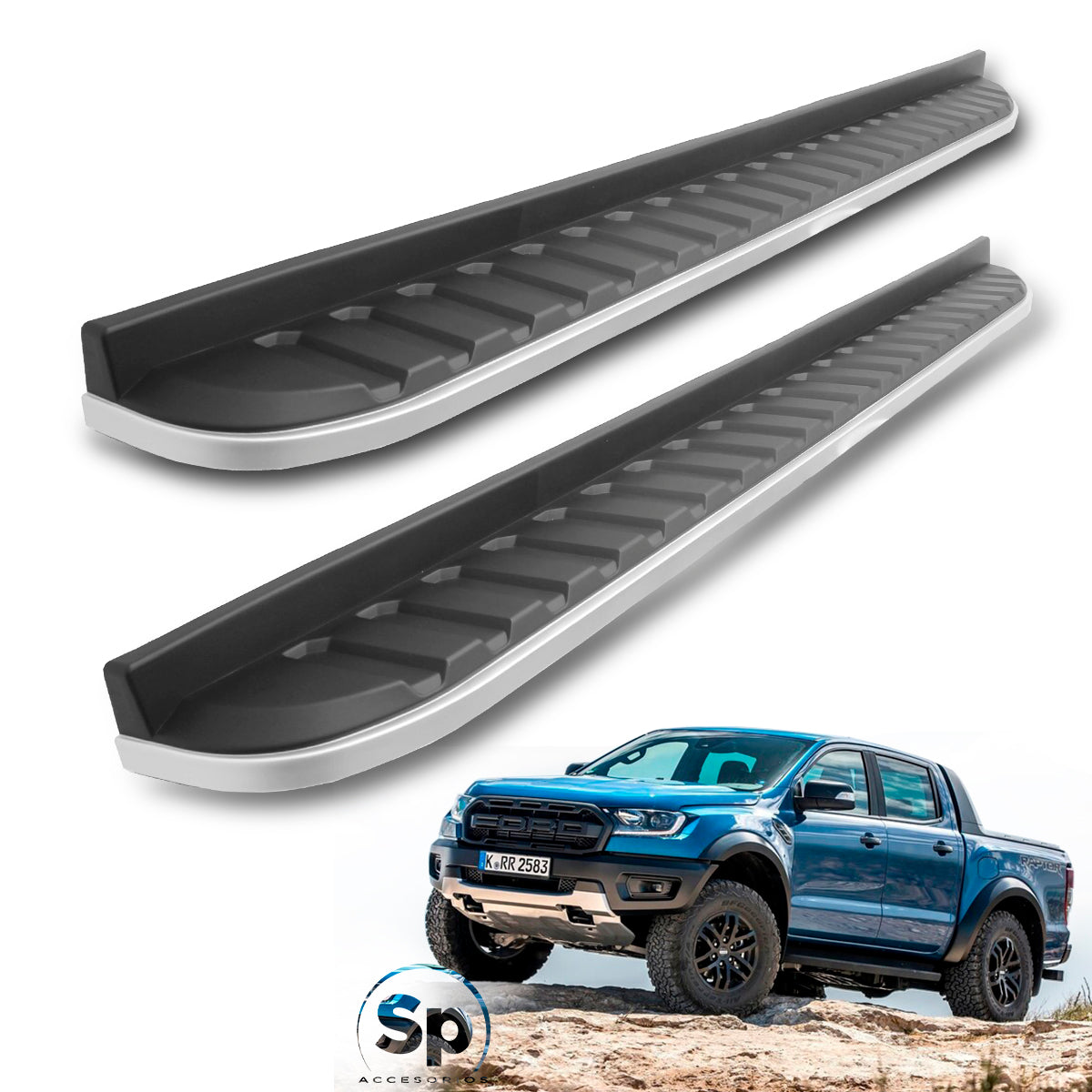 ESTRIBOS TIPO ORIGINAL PARA FORD RANGER 2016 A 2022 NEGRO RAPTOR