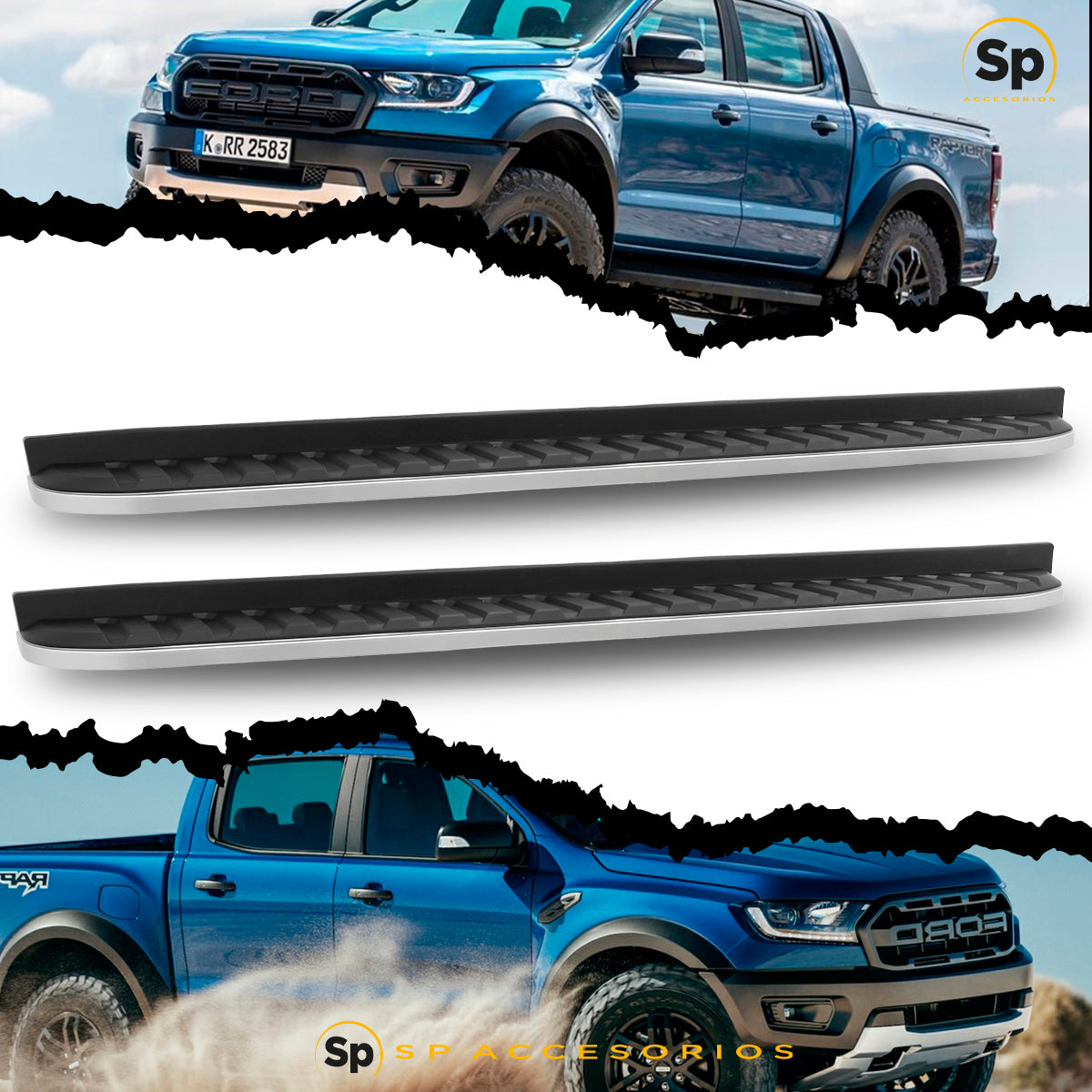 ESTRIBOS TIPO ORIGINAL PARA FORD RANGER 2016 A 2022 NEGRO RAPTOR