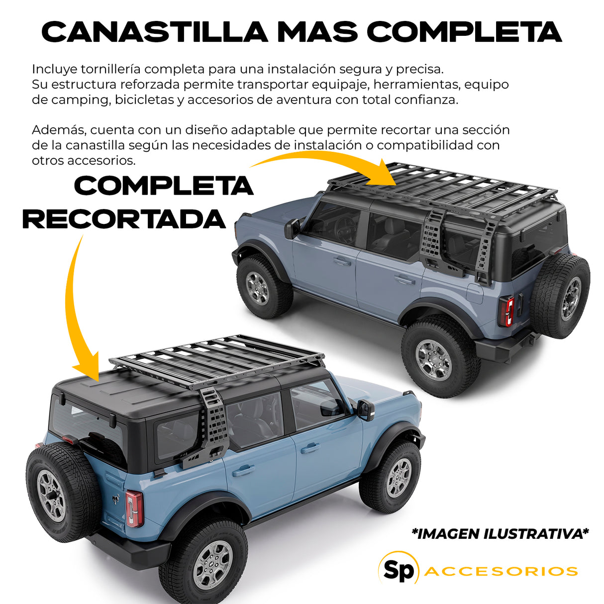 CANASTILLA PORTA EQUIPAJE PARA FORD BRONCO 4 PUERTAS 2021+ CON LATERALES