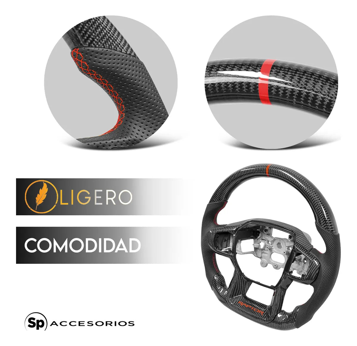 Volante de fibra de carbono/Ranger Raptor 2023 con franja y letras Raptor rojas