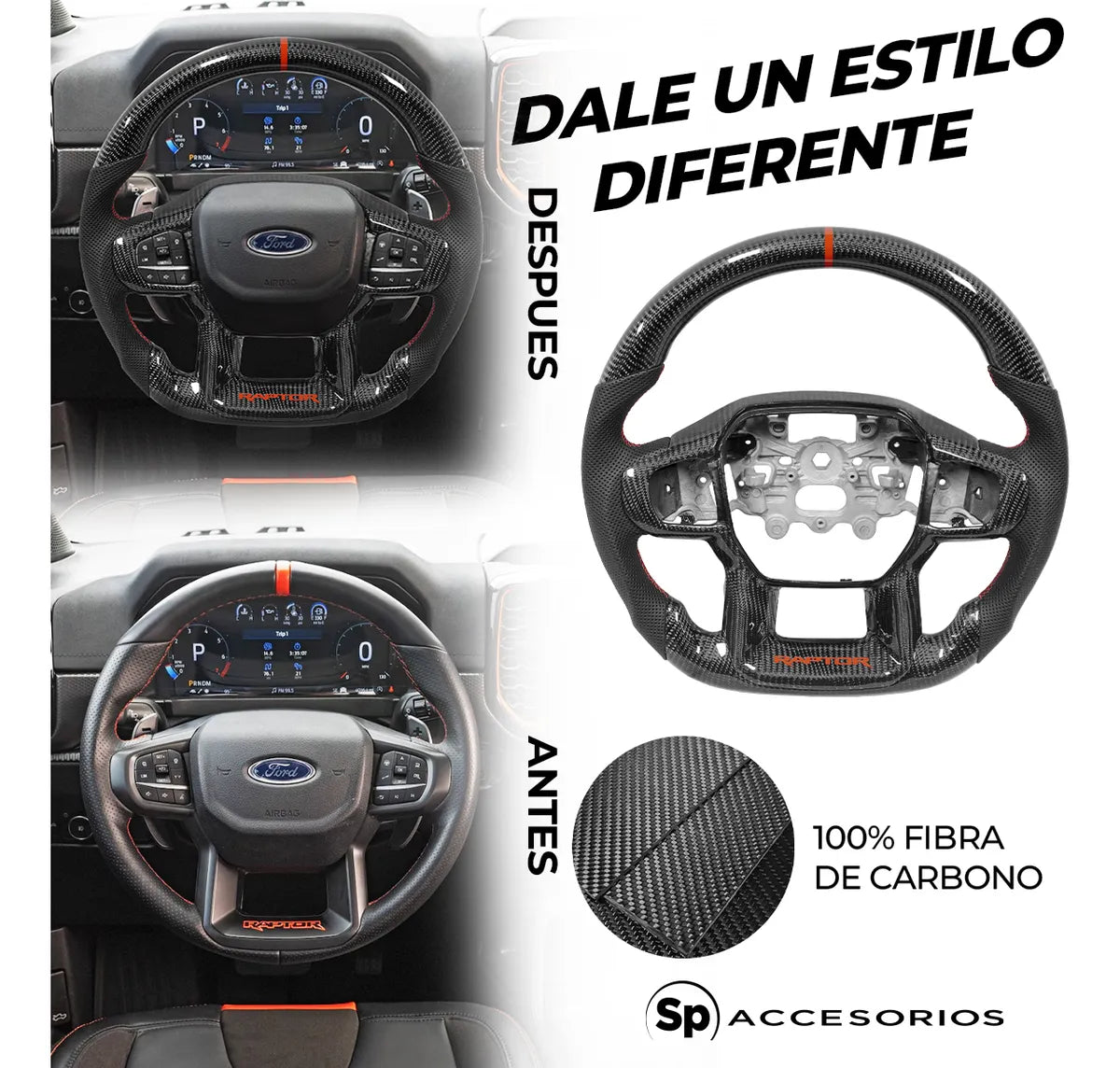 Volante de fibra de carbono/Ranger Raptor 2023 con franja y letras Raptor rojas