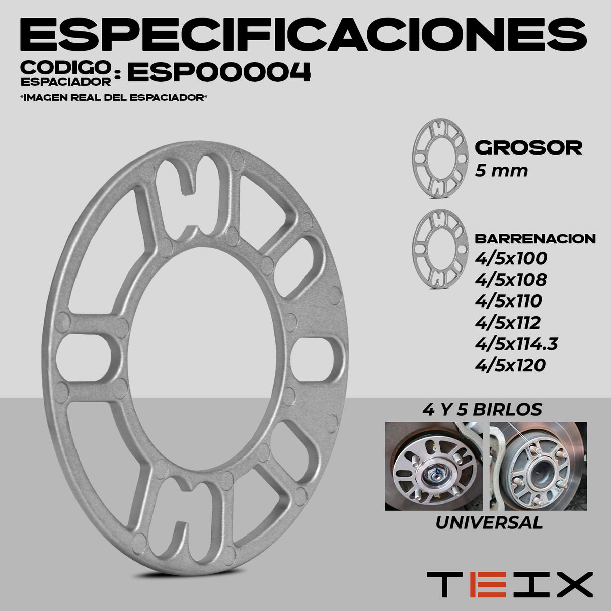 Espaciador Universal 5mm 4/5x100x108x110x112x114.3x120