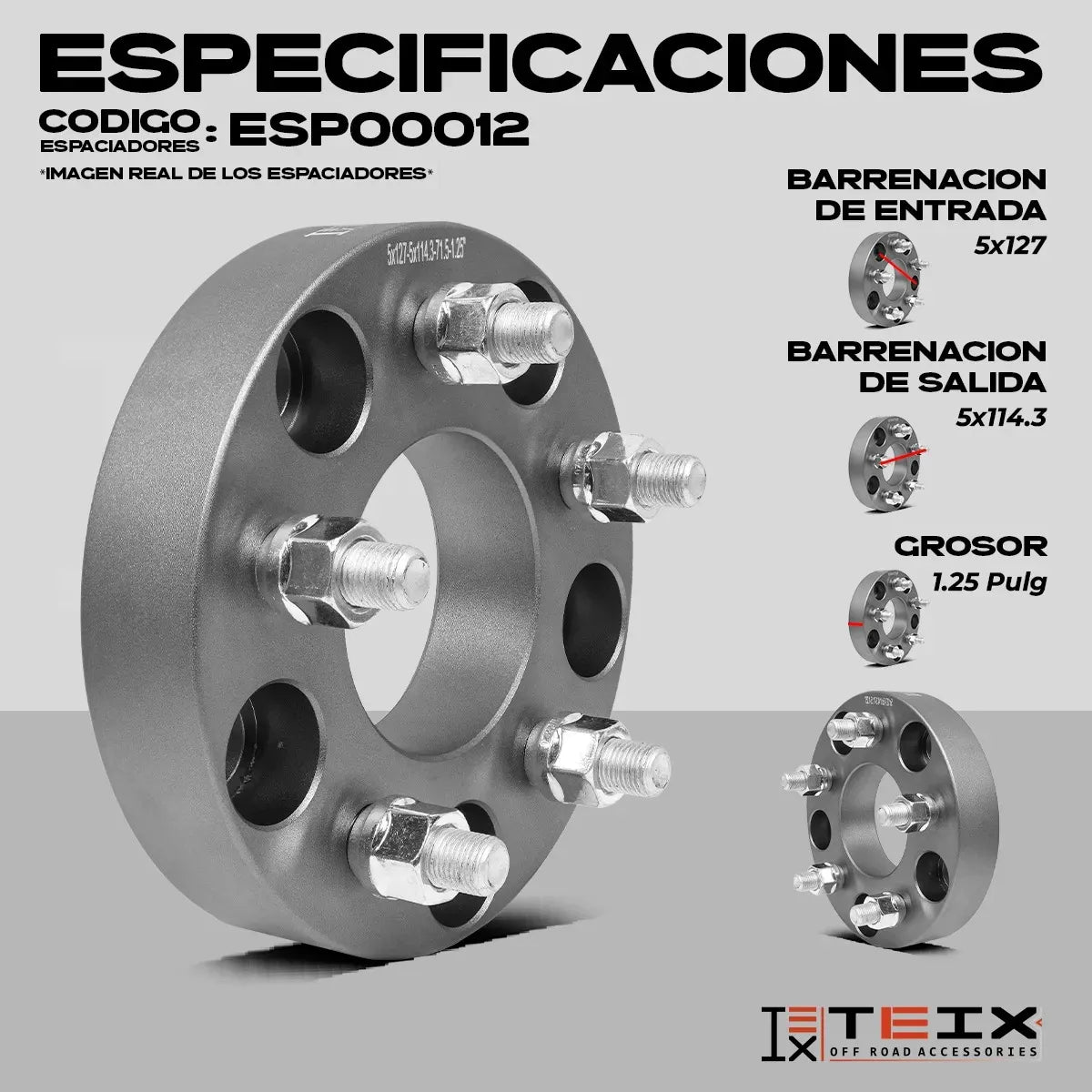 Adaptador 1pz Teix 5x127x114/1.25in/1/2x20 Wrangler Jk 2011