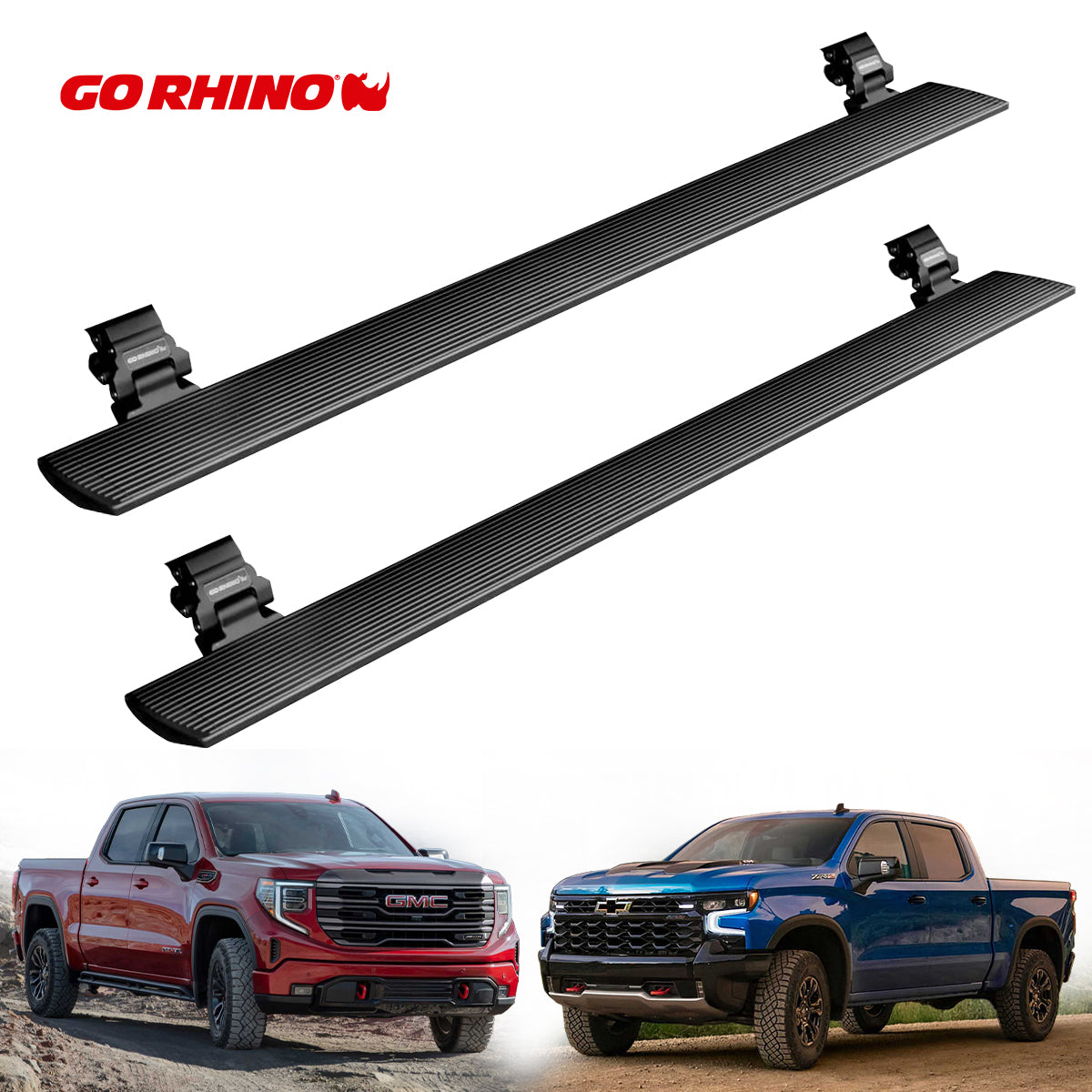 ESTRIBOS ELECTRICOS GO RHINO PARA CHEVROLET SILVERADO / GMC SIERRA 1500 19-23 DOB / CREW CAB NEGRGO TEXTURIZADO
