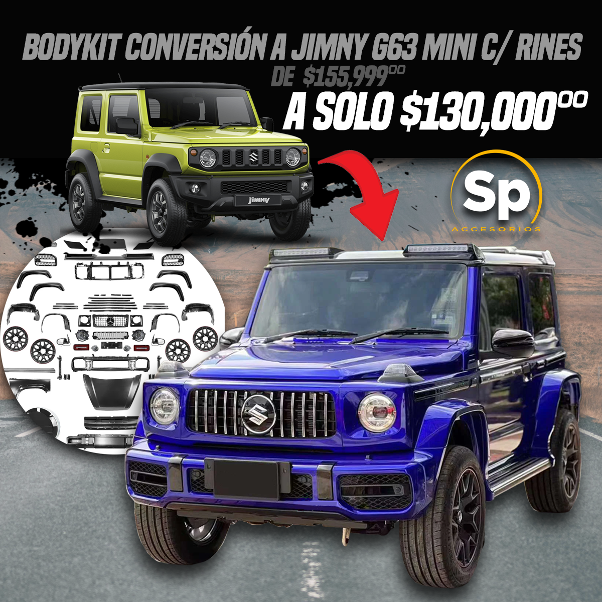 BODY KIT TIPO CLASE G63 CON RINES PARA SUZUKI JIMNY 2019 - 2024