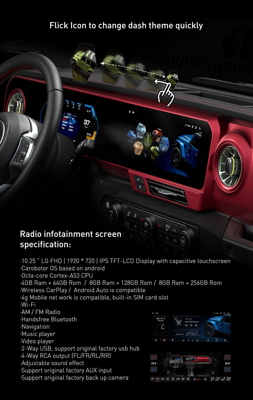 Pantalla Dashboard Digital Carobotor JEEP WRANGLER JL-JT 4XE LHD 2018-2023/ 2025 NEGRO