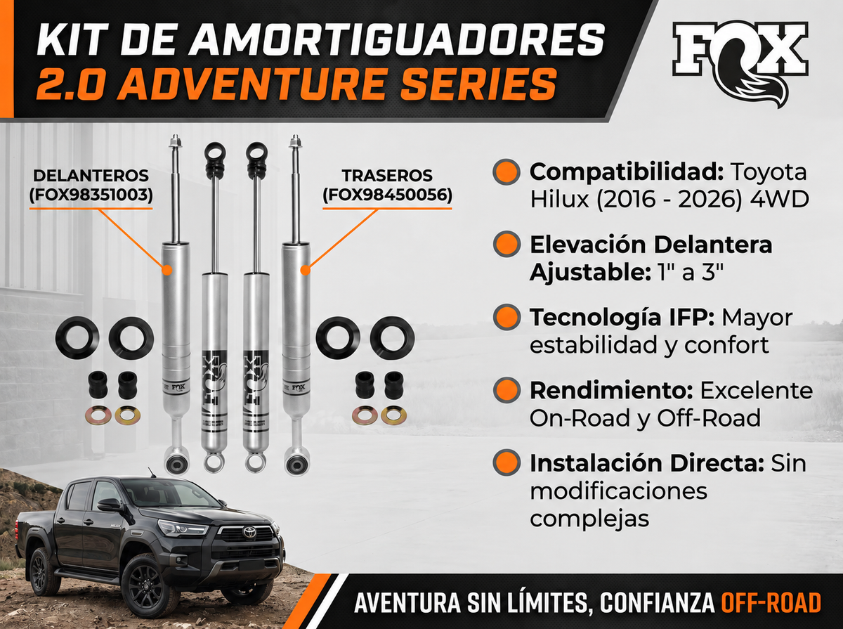 Kit de elevacion Suspension FOX ADVENTURE 1-3" De elevacion Para Toyota Hilux 2016 al 2026