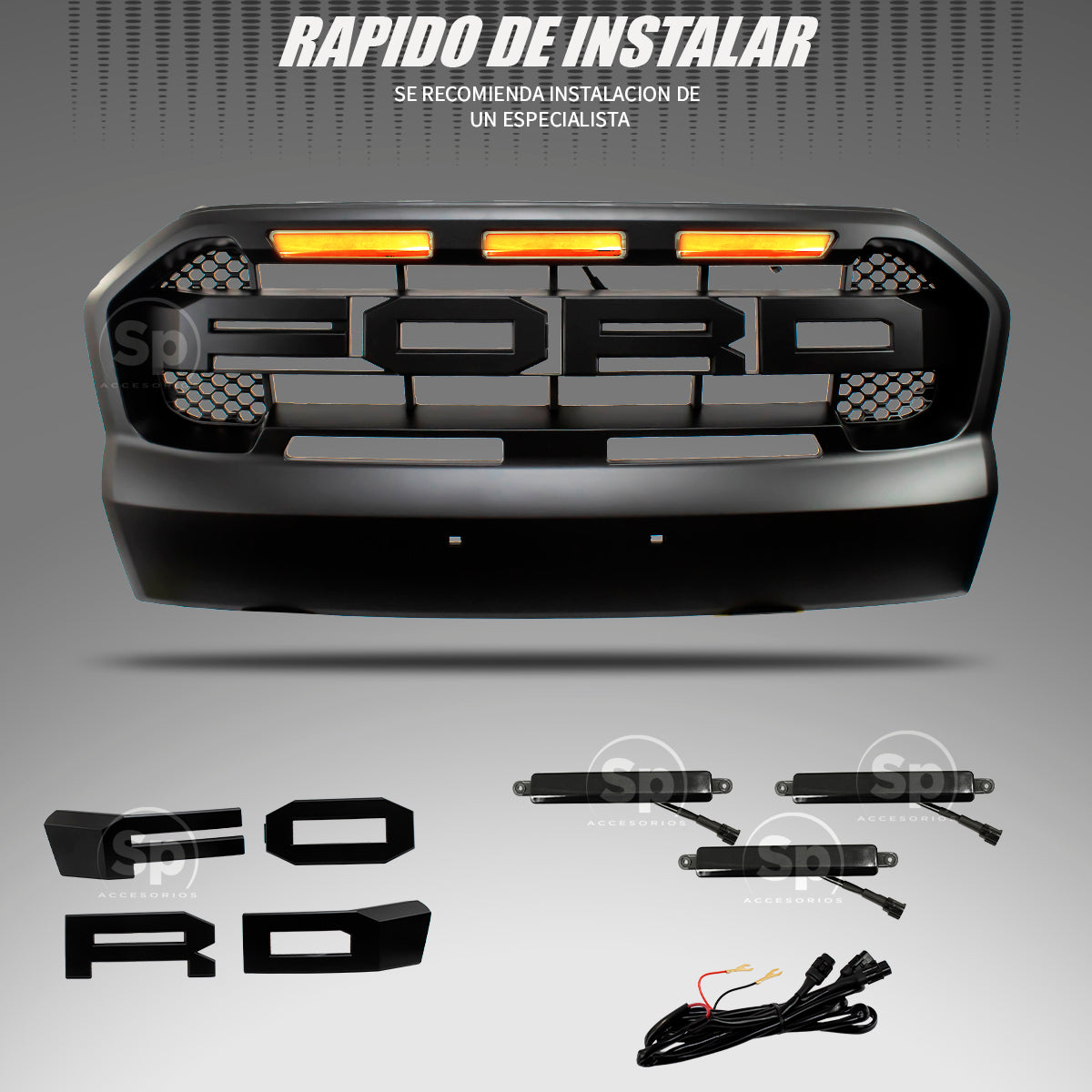 PARRILLA TIPO RAPTOR LED AMBAR PARA FORD RANGER 2017 - 2019