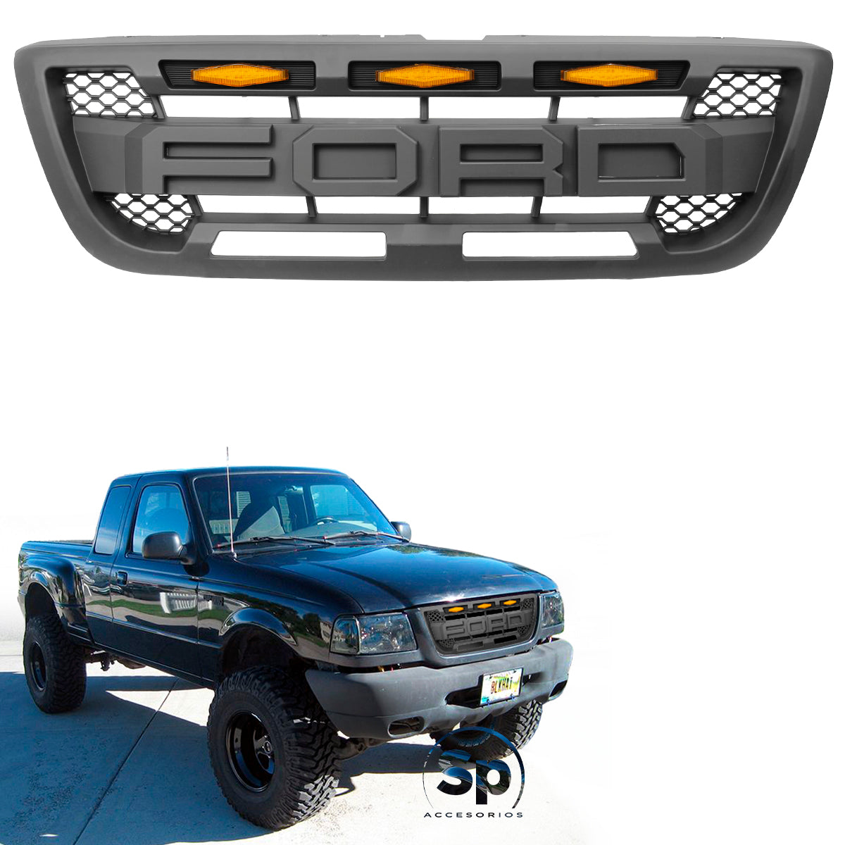 PARRILLA TIPO RAPTOR PARA FORD RANGER 1998 A 2000 LEDS ÁMBAR