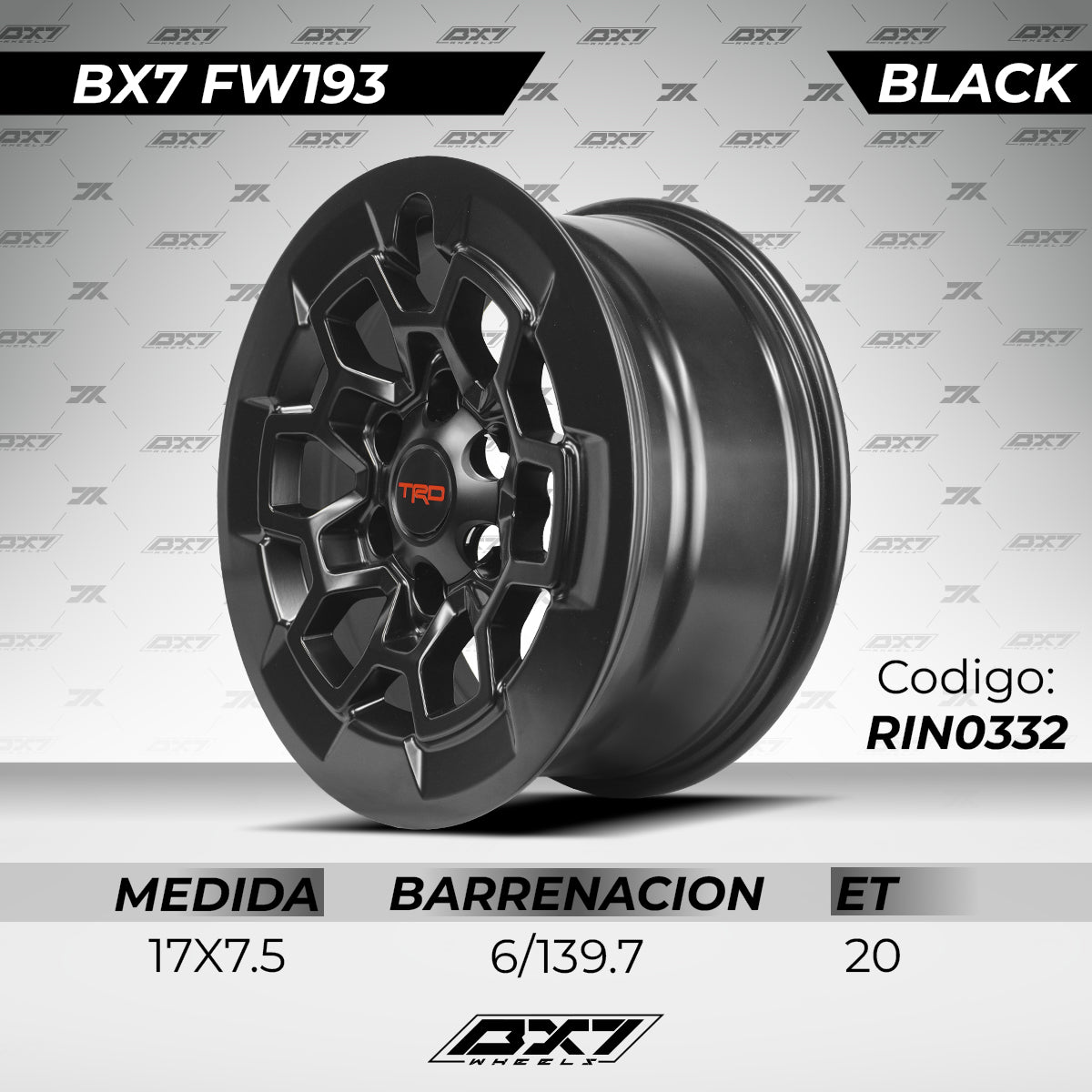 RIN BX7 FW1 17 6X139.7 / ET 20/ CB 106.1/ SATIN BLACK