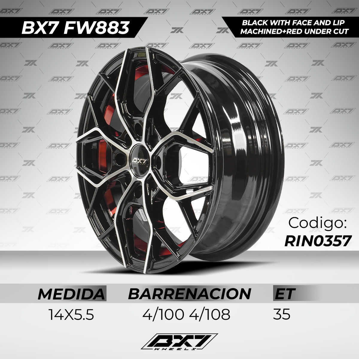 RINES BX7 FW8 14 4X100/108 / ET 35/ CB 73.1/ BLACK WITH FACE AND LIP MACHINED+RED UNDER CUT