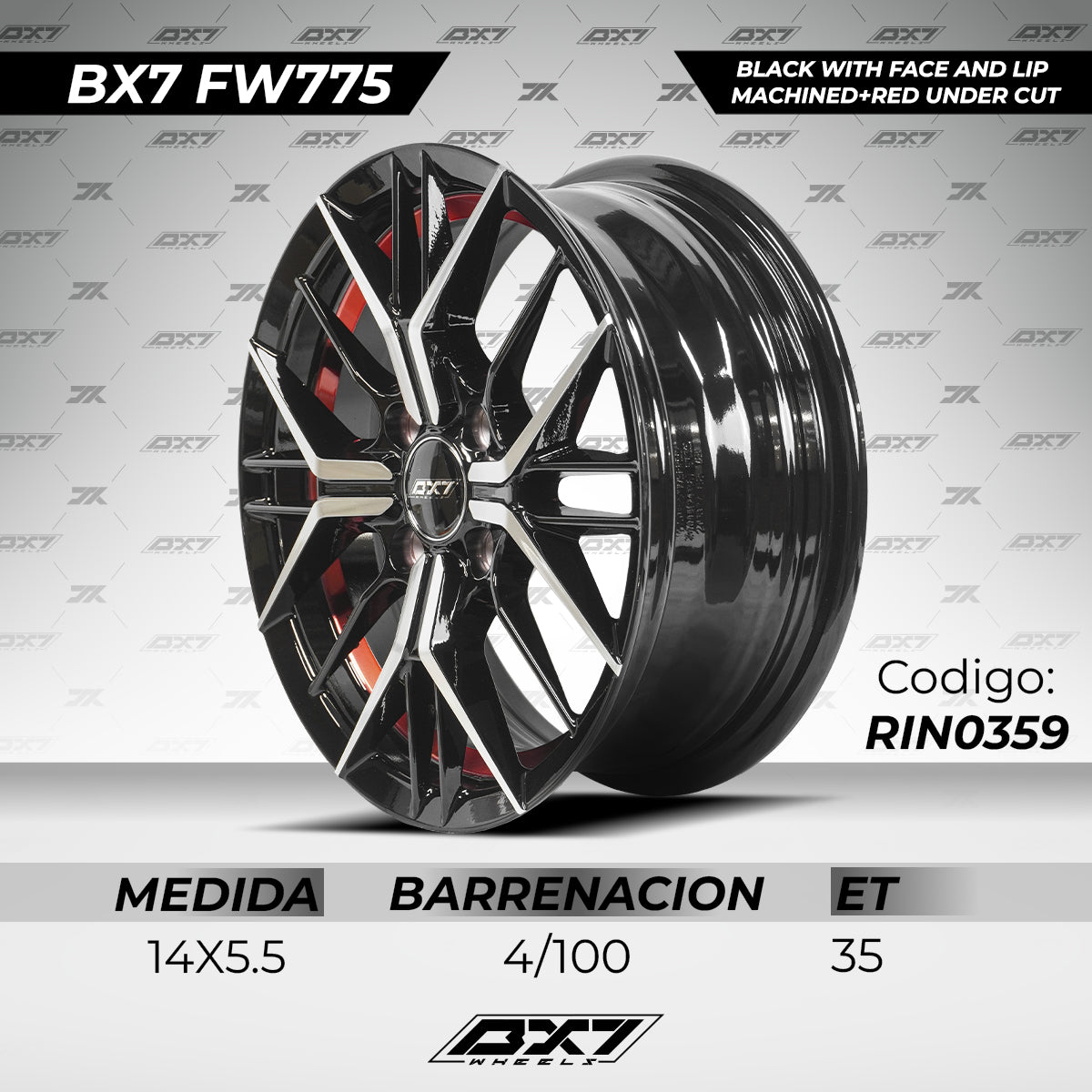 RINES BX7 FW7 14 4X100/ ET 35/ CB 73.1/ BLACK WITH FACE AND LIP MACHINED+RED UNDER CUT