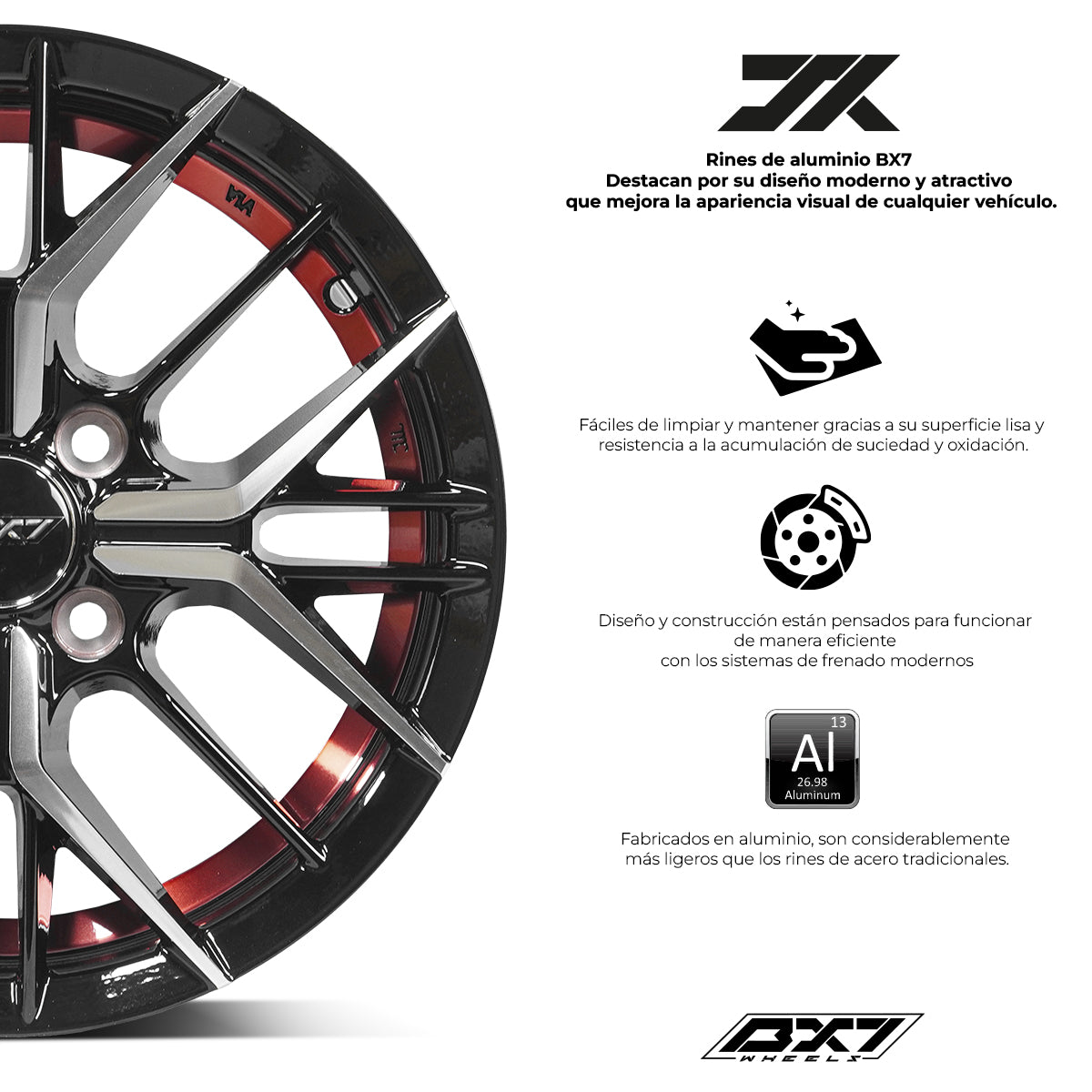 RINES BX7 FW7 14 4X100/ ET 35/ CB 73.1/ BLACK WITH FACE AND LIP MACHINED+RED UNDER CUT
