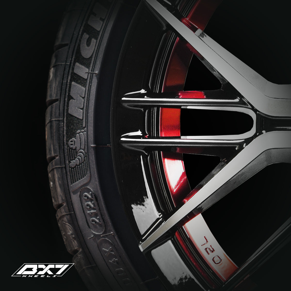 RINES BX7 FW7 14 4X100/ ET 35/ CB 73.1/ BLACK WITH FACE AND LIP MACHINED+RED UNDER CUT