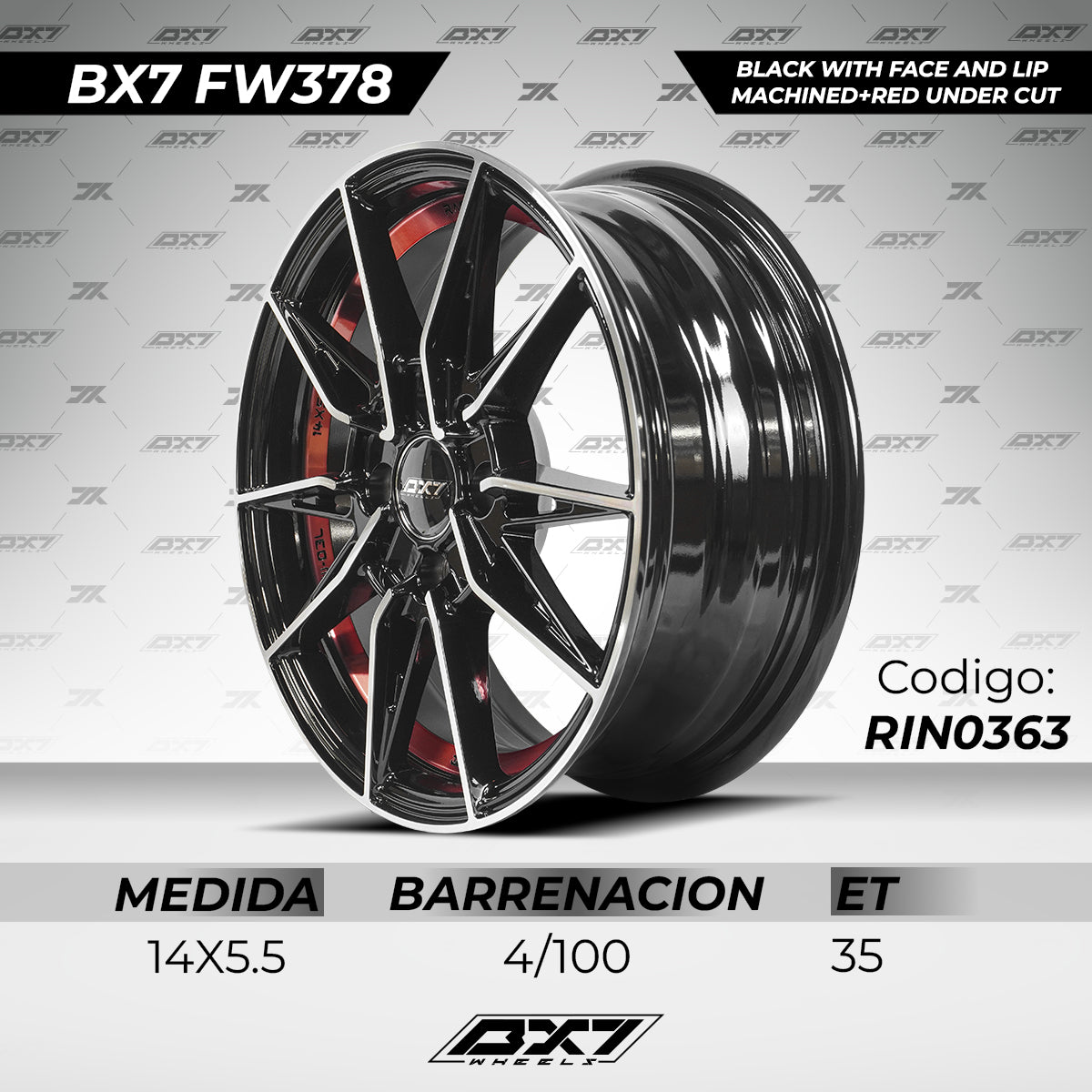 RINES BX7 FW3 14 4X100/ ET 35/ CB 73.1/ BLACK WITH FACE AND LIP MACHINED+RED UNDER CUT