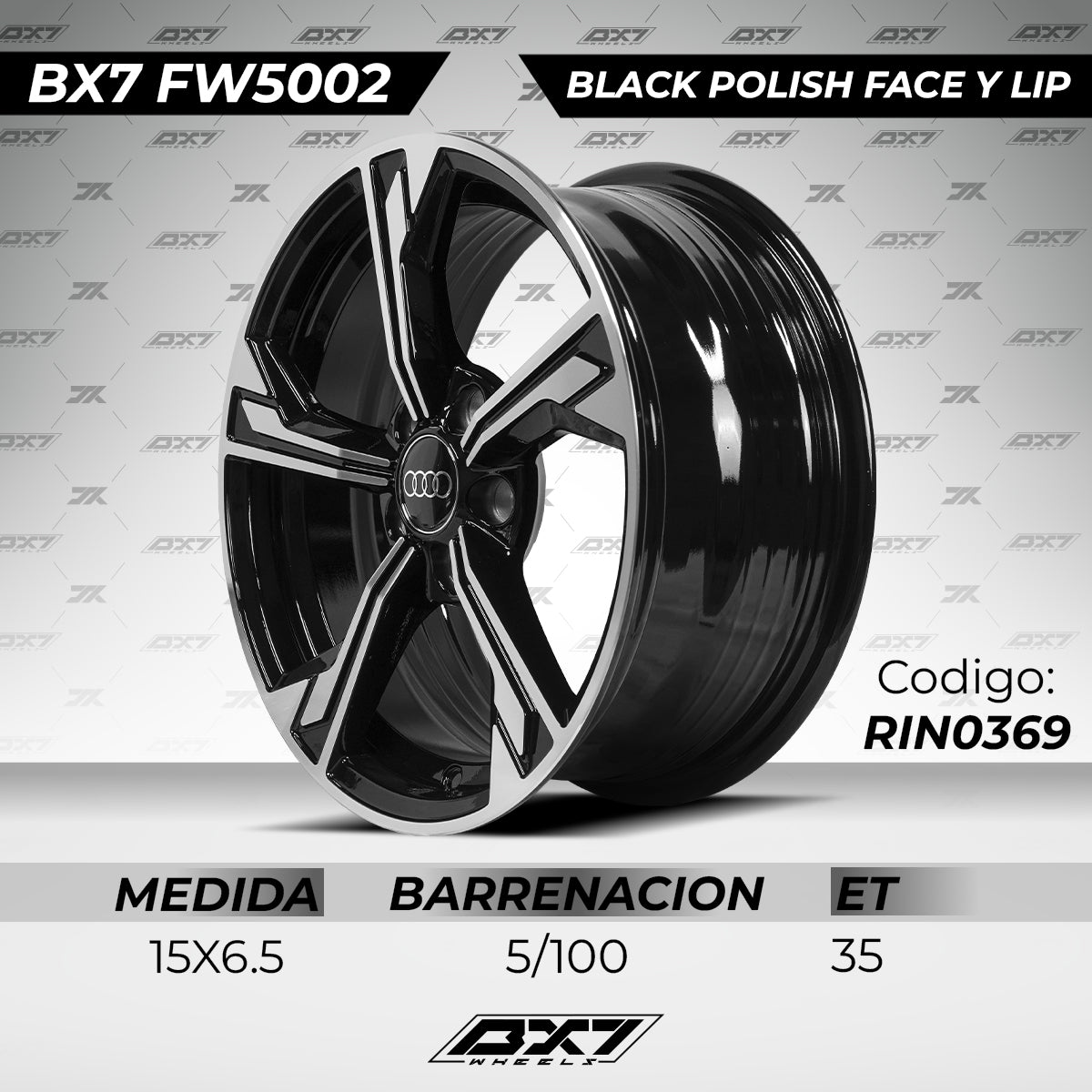 RINES BX7 FW5 15 5X100/ ET 35/ CB 73.1/ BLACK POLISH FACE & LIP TAPA PARA RIN DE AUDI Y VW
