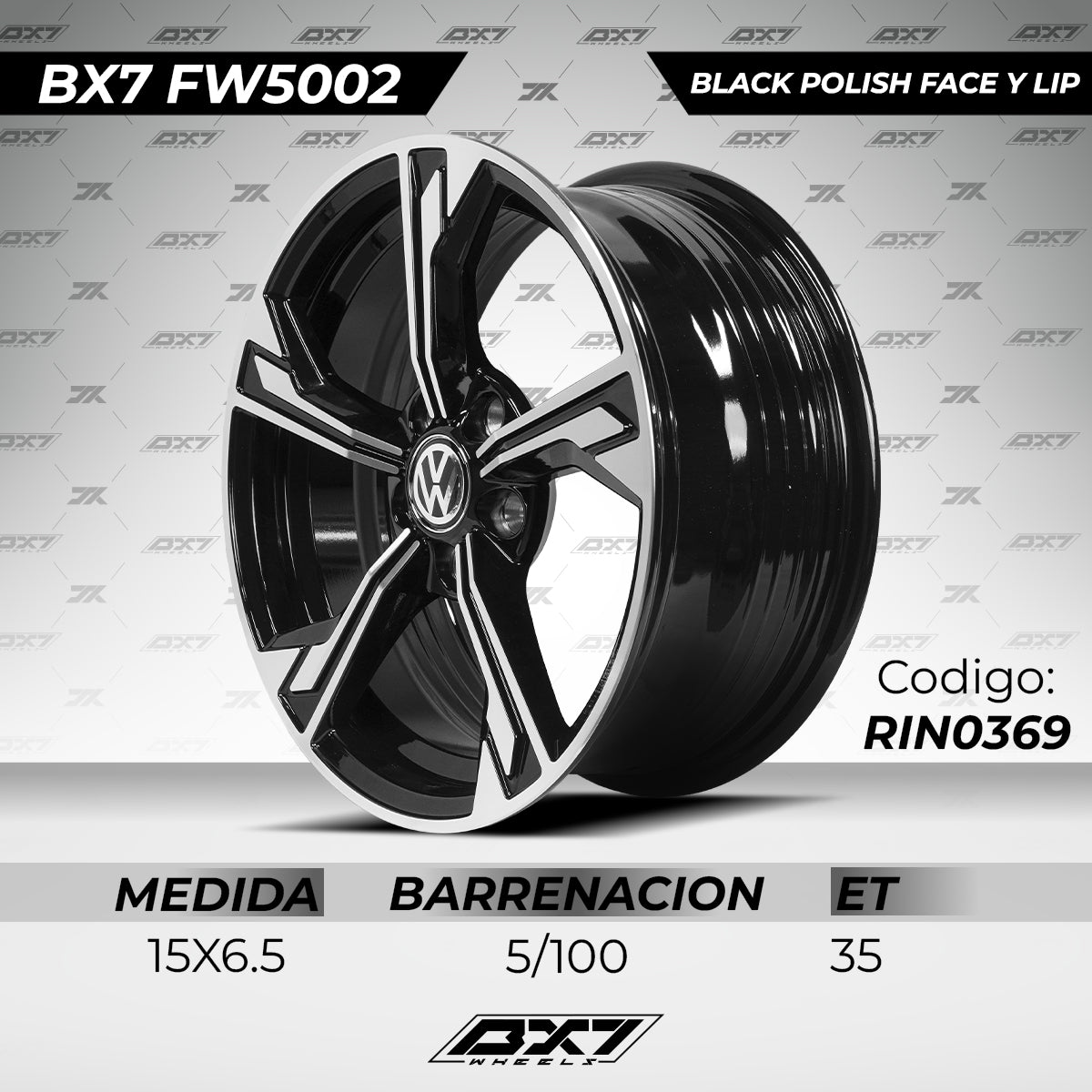 RINES BX7 FW5 15 5X100/ ET 35/ CB 73.1/ BLACK POLISH FACE & LIP TAPA PARA RIN DE AUDI Y VW