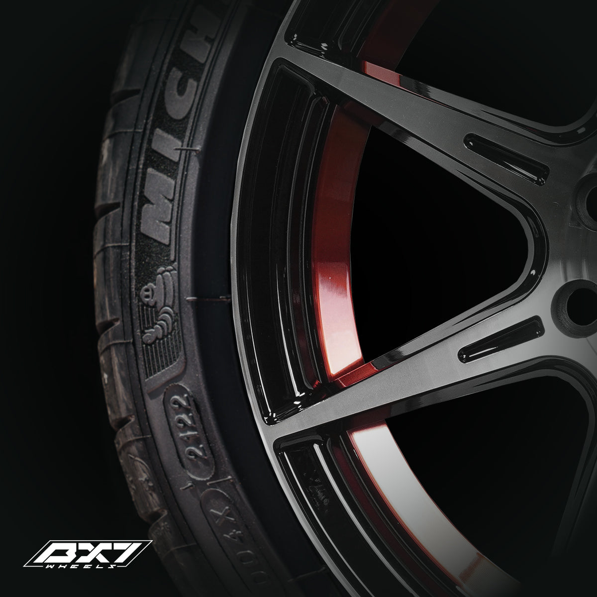 RINES BX7 FW8 14 4X100/114.3/ ET 35/ CB 73.1/ BLACK WITH FACE AND LIP MACHINED+RED UNDER CUT