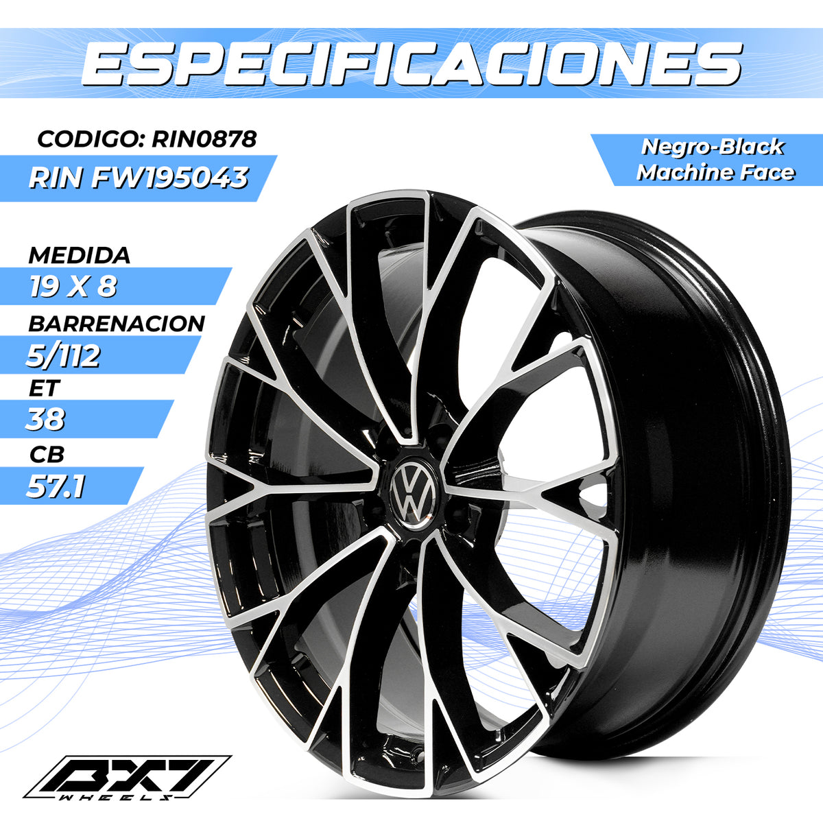 RIN BX7 WHEELS 19X8 5/112 ET: 38 CB: 57.1 Negro-Black Machine Face