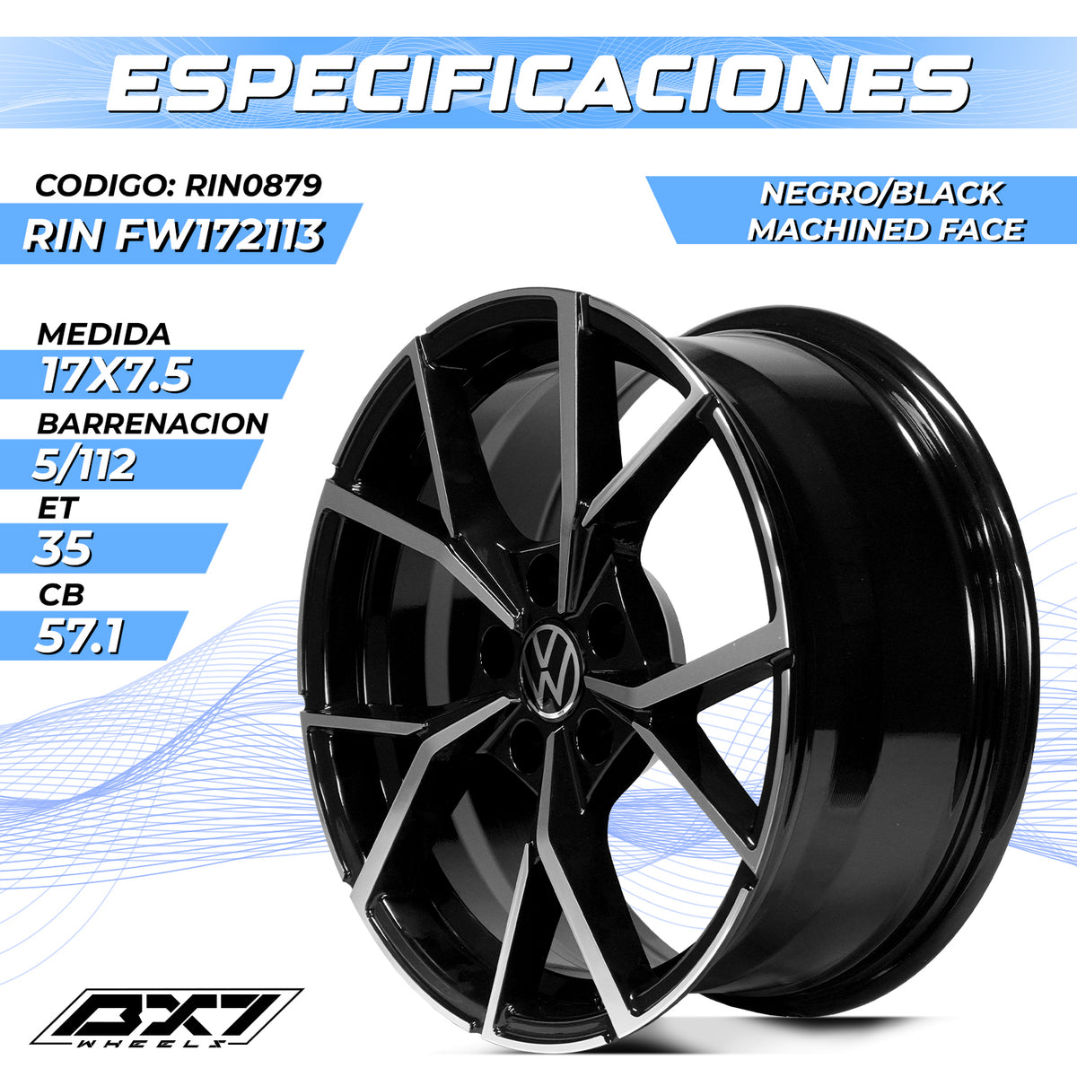 RIN BX7 WHEELS 17X7.5 5/112 ET: 35 CB: 57.1 Negro-Black Machine Face