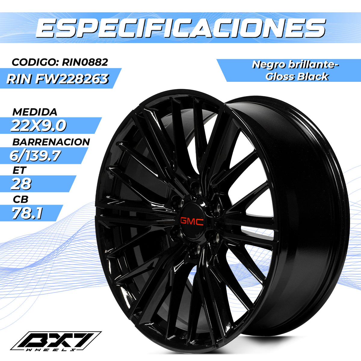 RIN BX7 WHEELS 22X9 6/139.7 ET: 28 CB: 78.1 Negro brillante- Gloss Black
