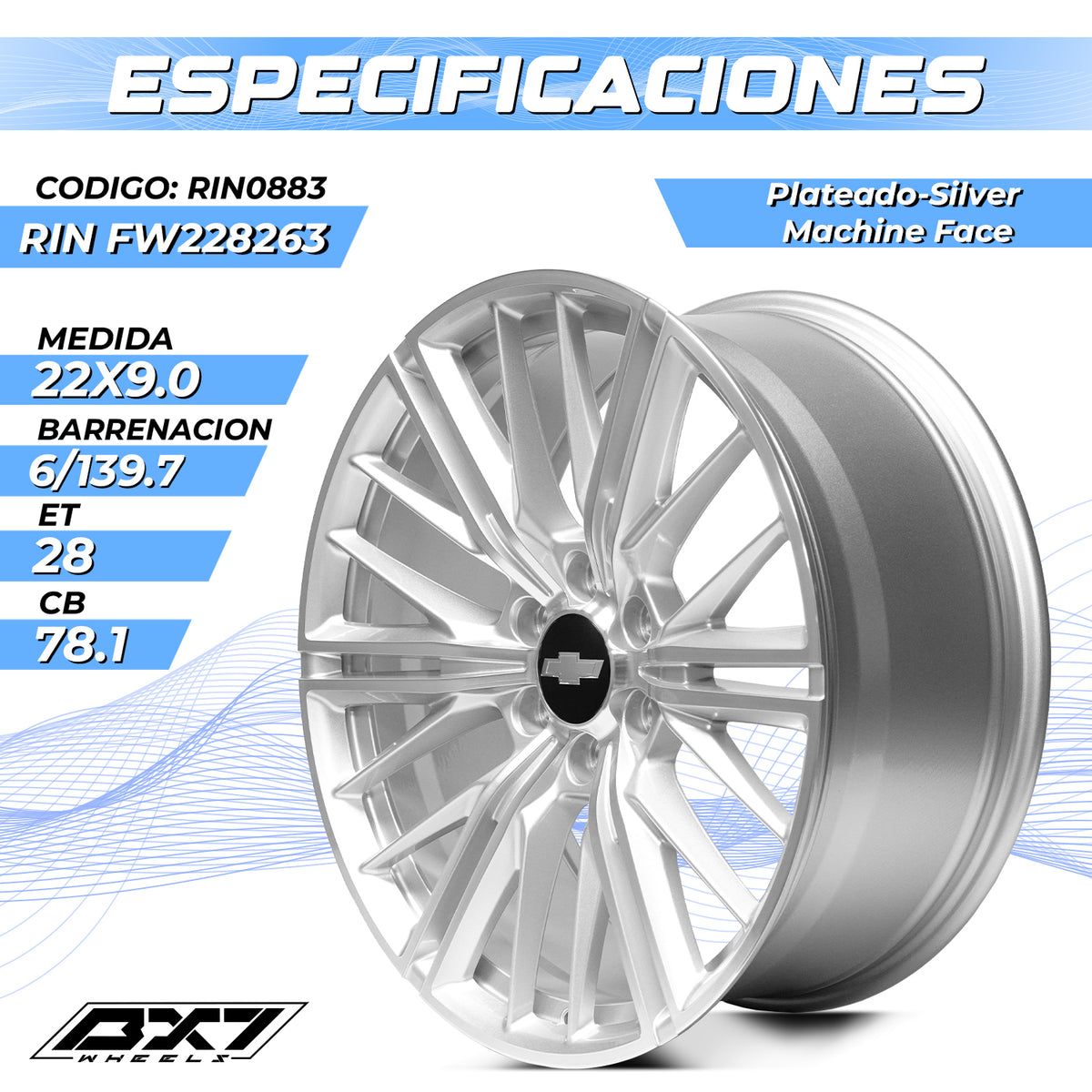 RIN BX7 WHEELS 22X9 6/139.7 ET: 28 CB: 78.1 Plateado-Silver Machine Face