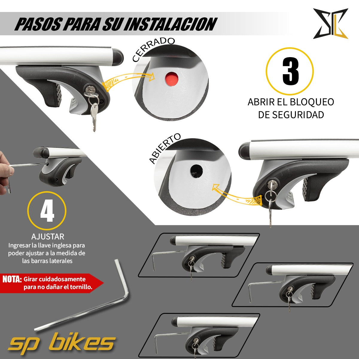 BARRAS TRANSVERSALES PORTAEQUIPAJE SP BIKES CON LLAVE 120 CM