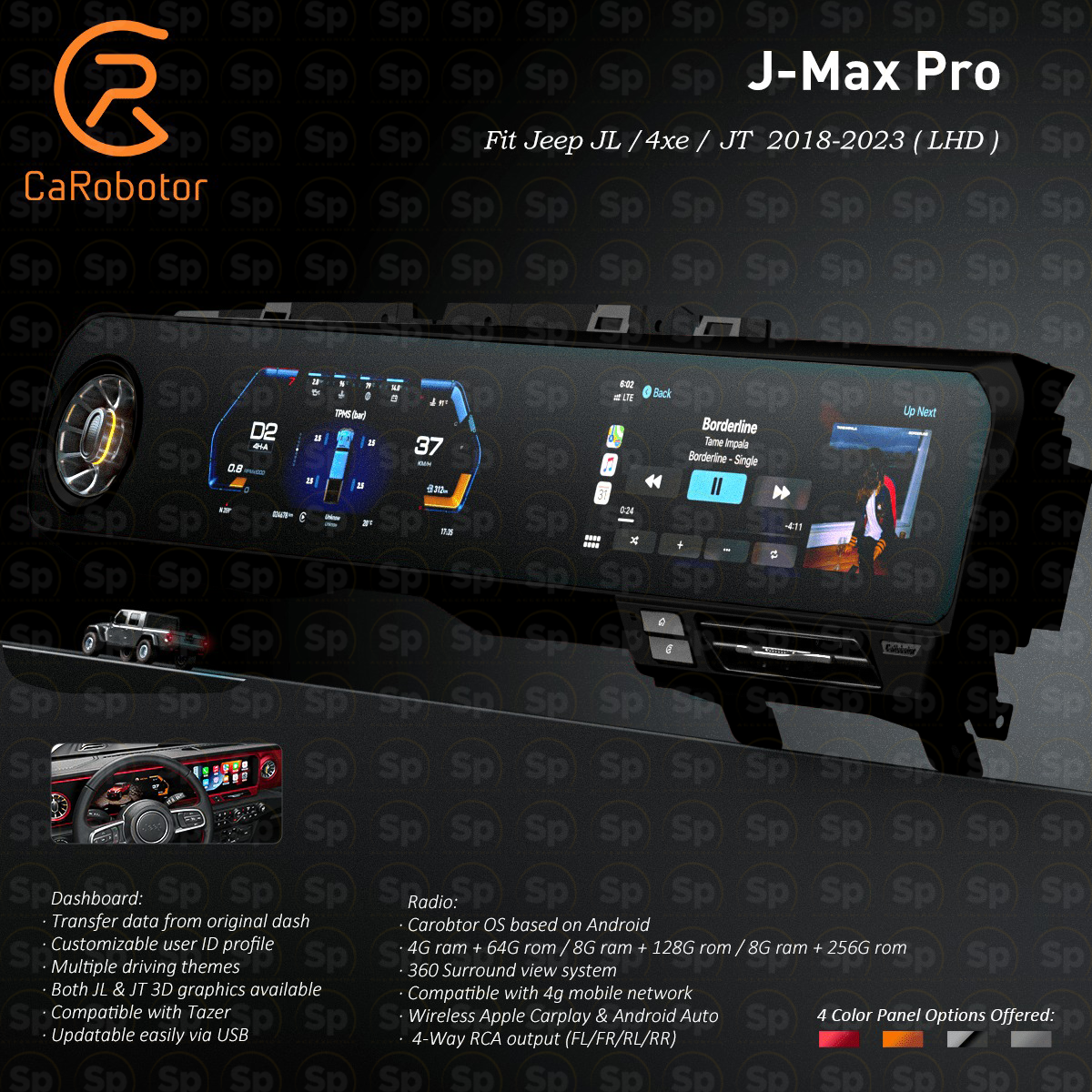 Pantalla Dashboard Digital Carobotor JEEP WRANGLER JL-JT 4XE LHD 2018-2023/ 2025 (NEGRO)