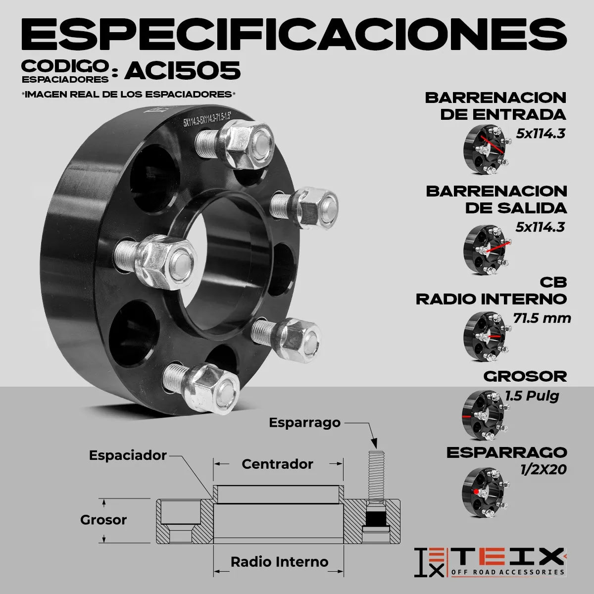 KIT ESPACIADORES 1.5" 5/114.3 LLANTA CB71.5MM 1/2"X20 RANGER 1984-2011, EXPLORER SPORT TRAC 2001-2010, WRANGLER TJ 1997-2006, NITRO 1990-2012, EXPLORER 1991-2010