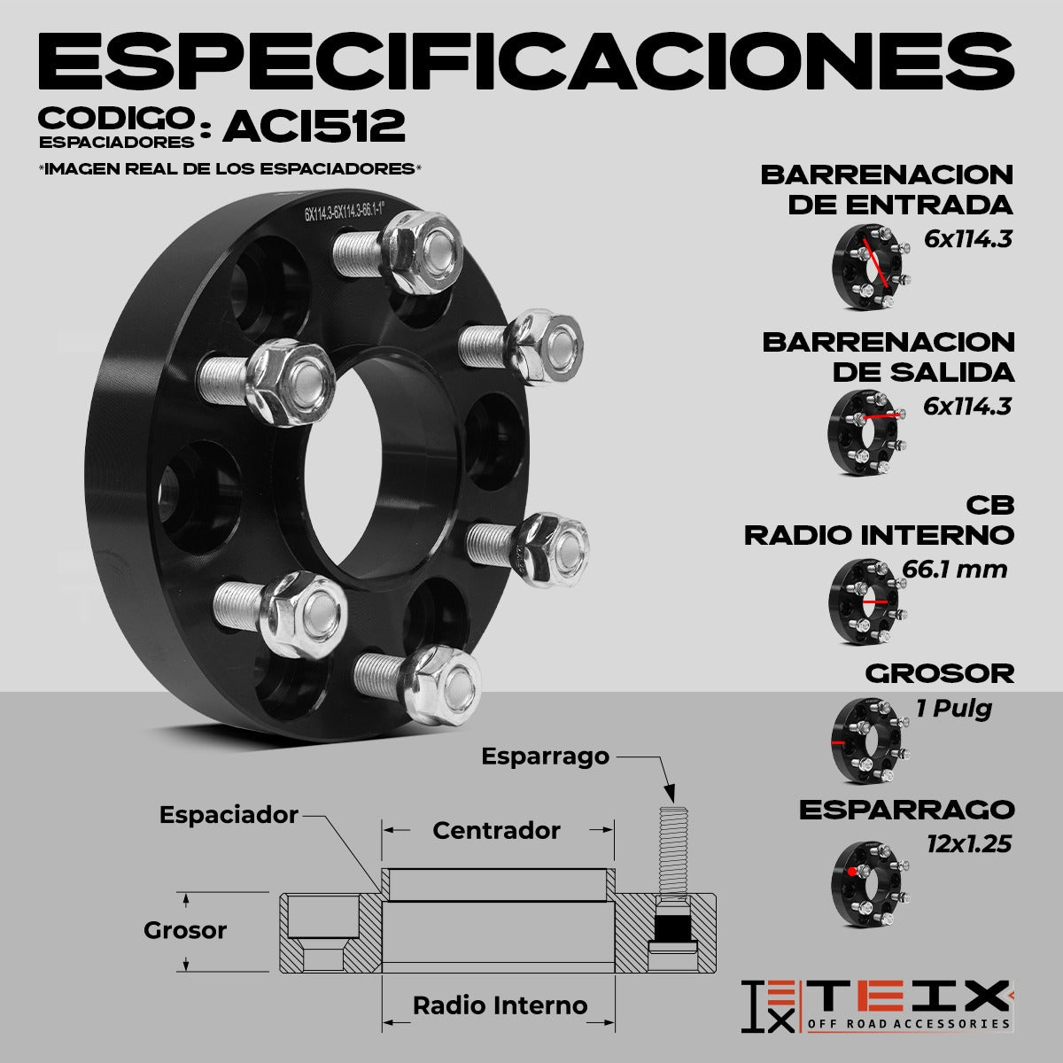 KIT ESPACIADORES 1" 6X114 LLANTA  PARA NISSAN NP300 FRONTIER 2016 - 2022  CB66.1MM 12X1.25